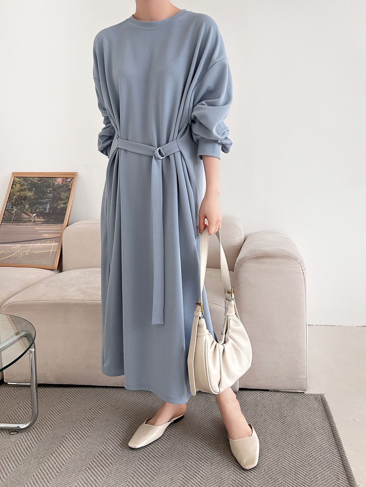 ベルトラウンドネックオーバーサイズロングルーズ長袖無地ワンピース | 詳細画像22