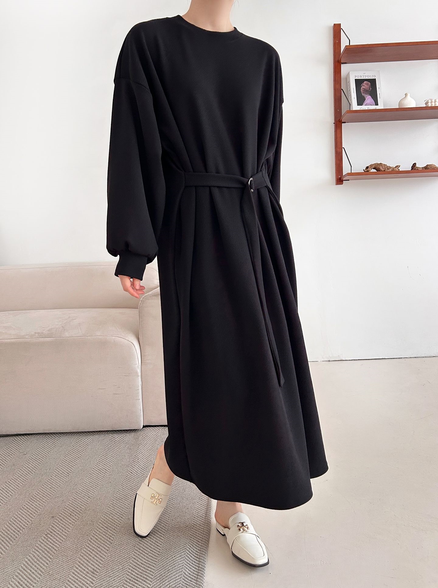 ベルトラウンドネックオーバーサイズロングルーズ長袖無地ワンピース | 詳細画像27