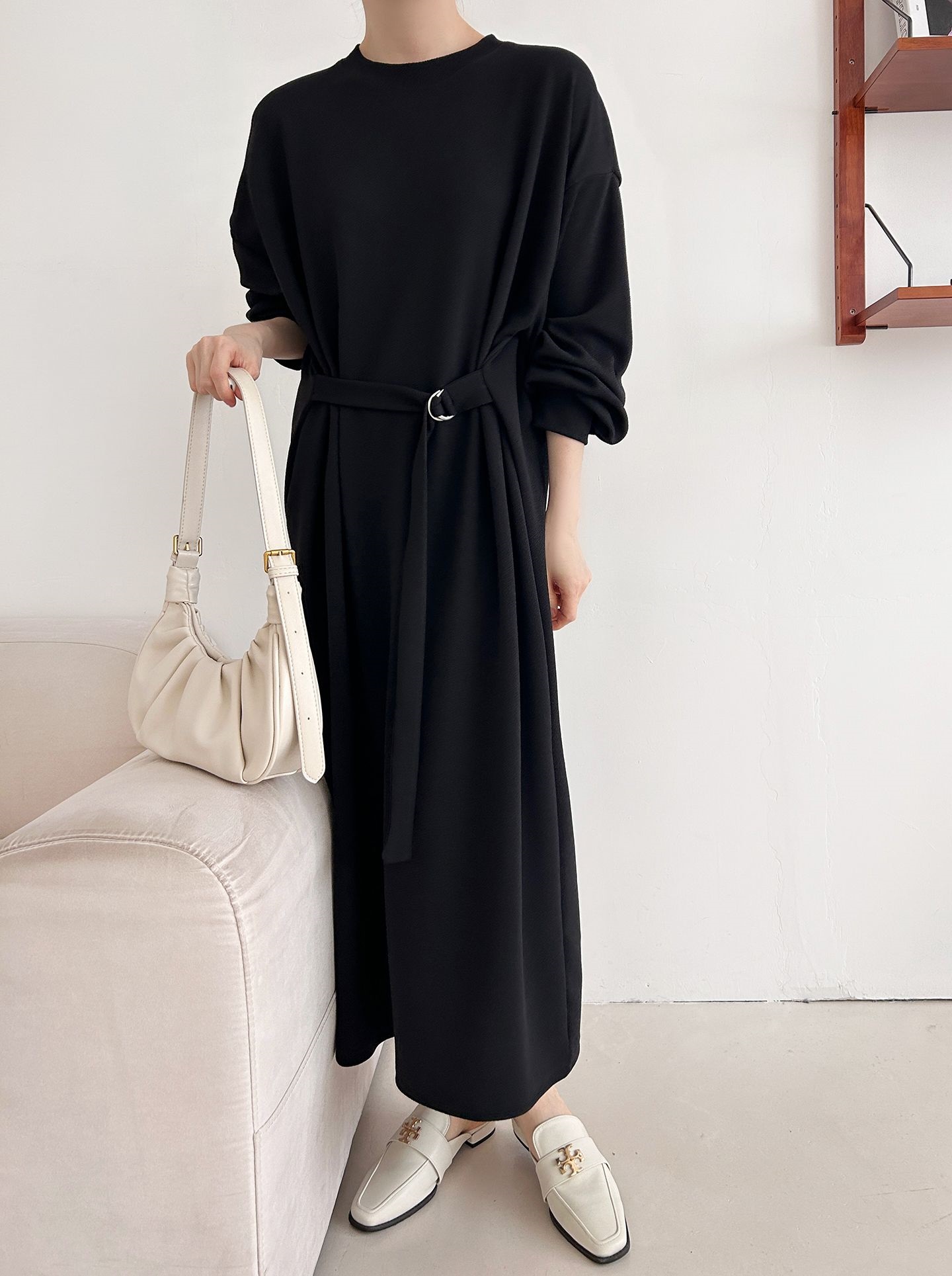 ベルトラウンドネックオーバーサイズロングルーズ長袖無地ワンピース | 詳細画像28