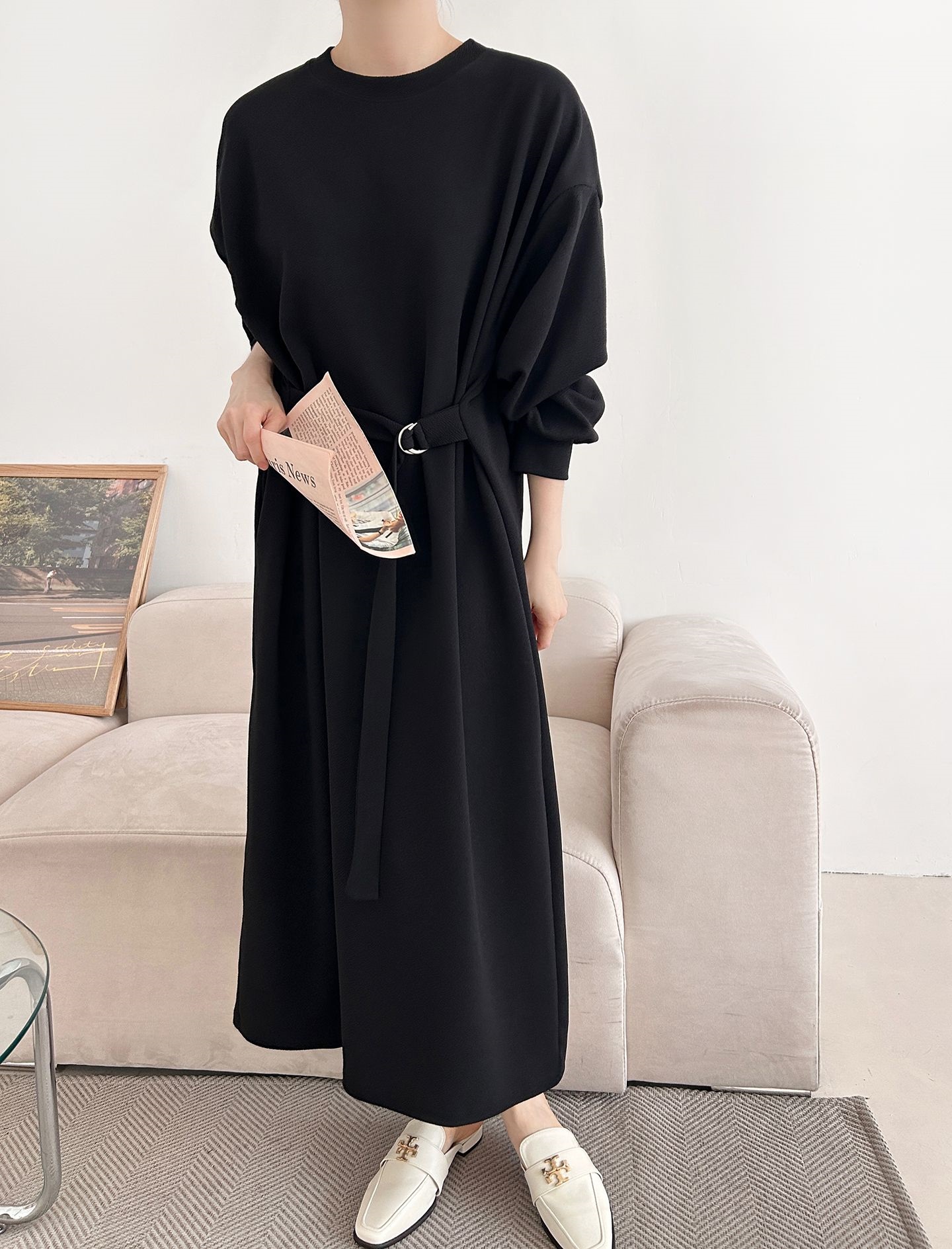 ベルトラウンドネックオーバーサイズロングルーズ長袖無地ワンピース | 詳細画像30