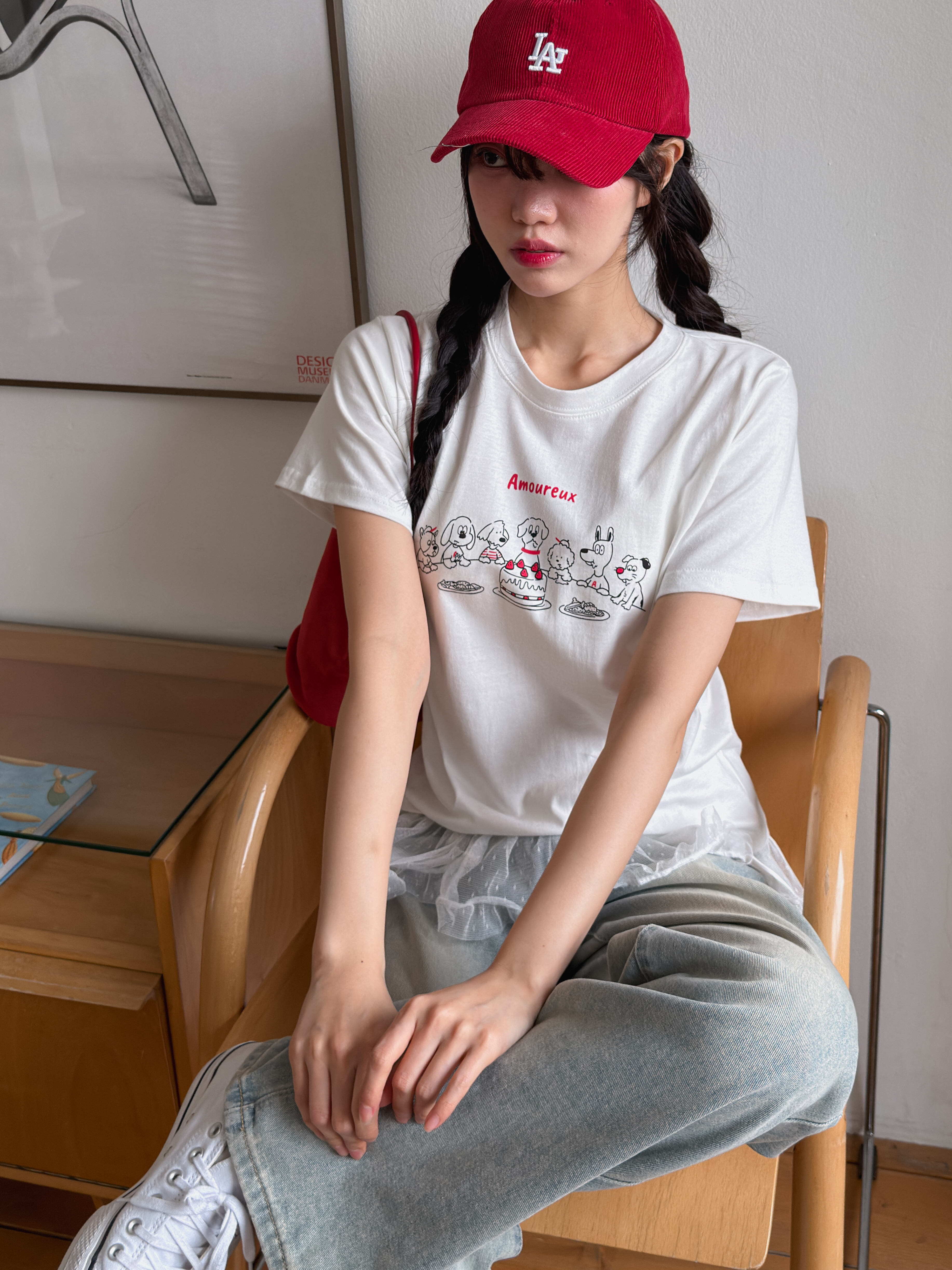 コットンラウンドネック半袖セミクロップドプリントTシャツ | 詳細画像4