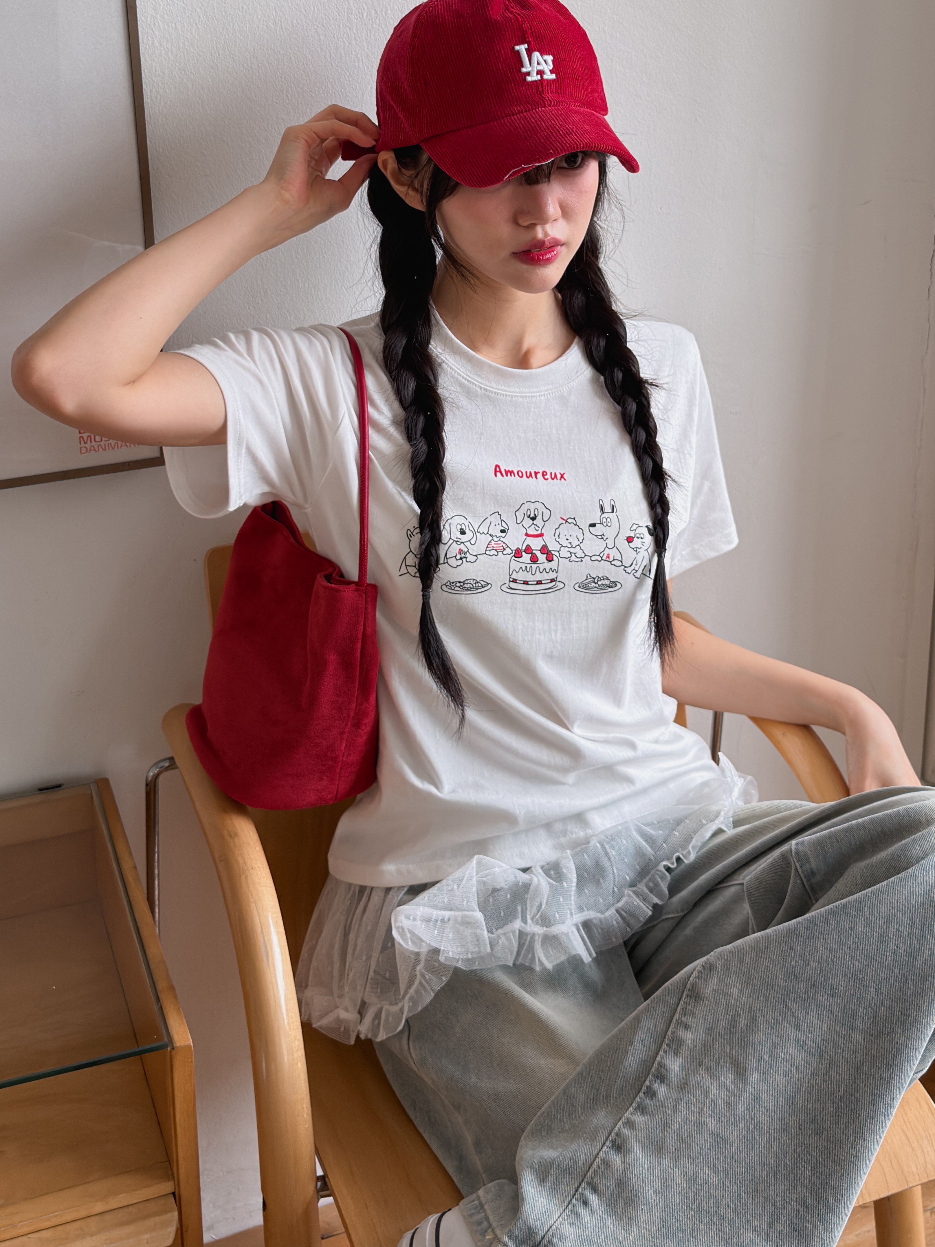 コットンラウンドネック半袖セミクロップドプリントTシャツ | 詳細画像2