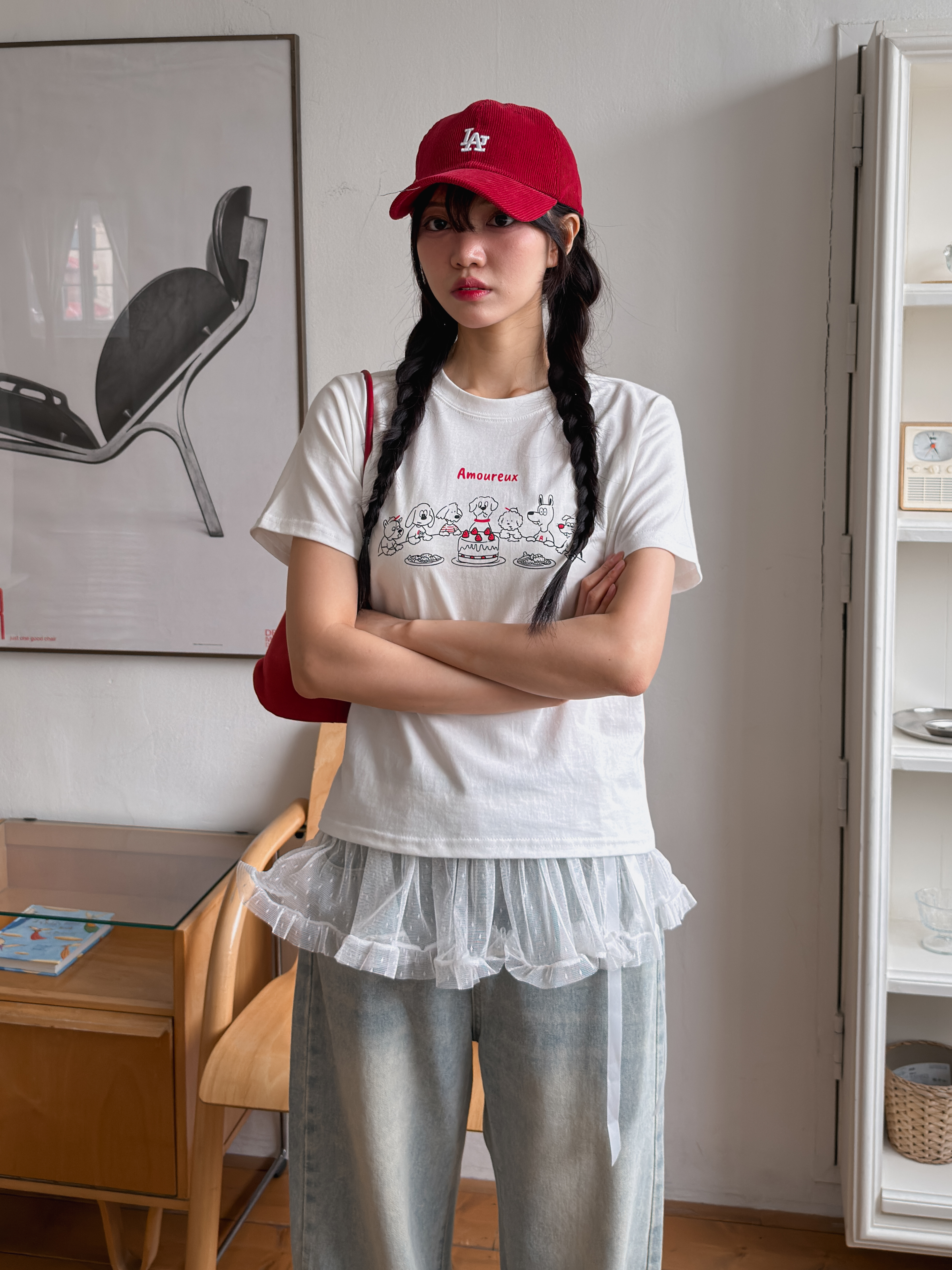 コットンラウンドネック半袖セミクロップドプリントTシャツ | 詳細画像3