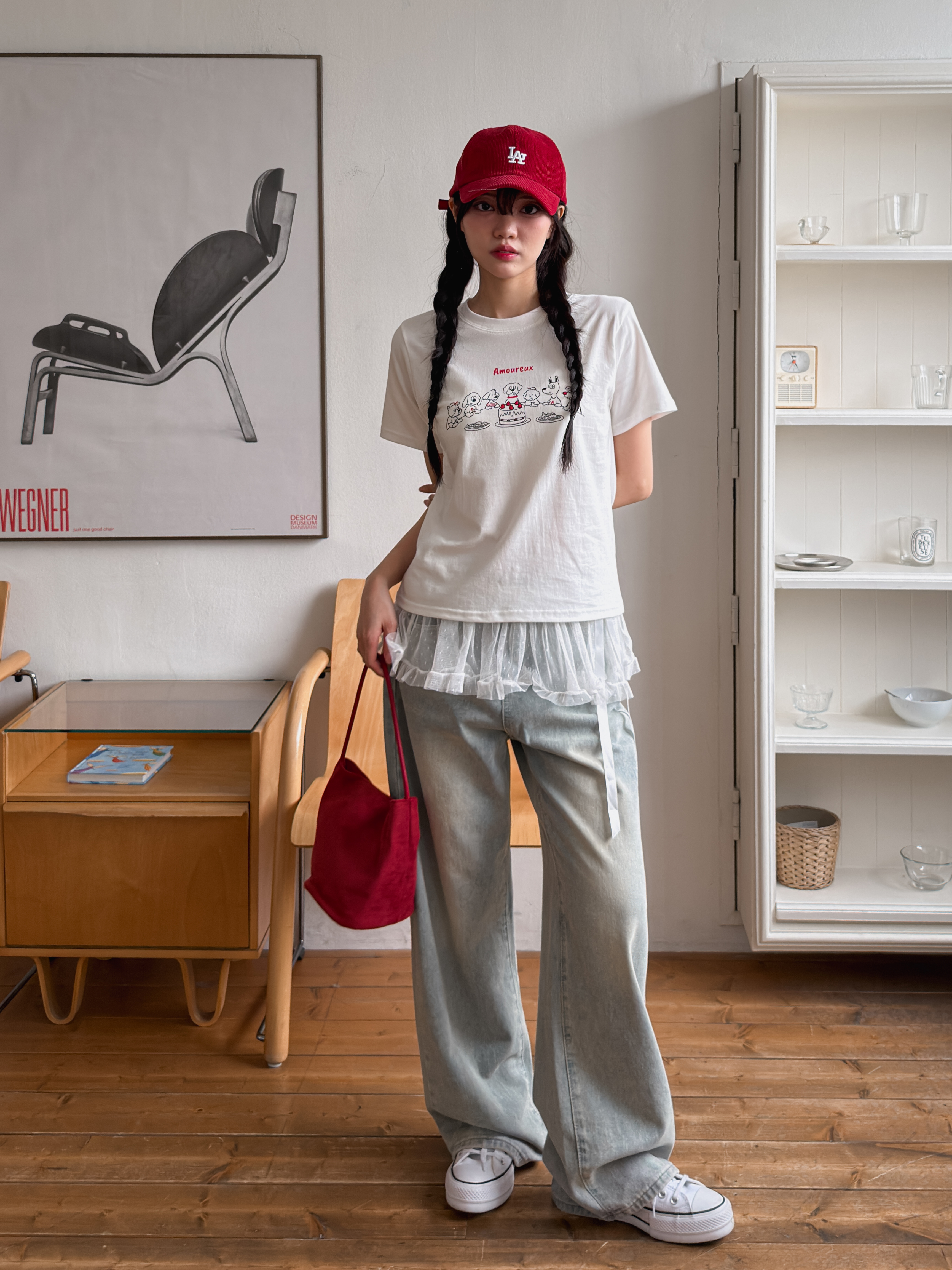 コットンラウンドネック半袖セミクロップドプリントTシャツ | 詳細画像5