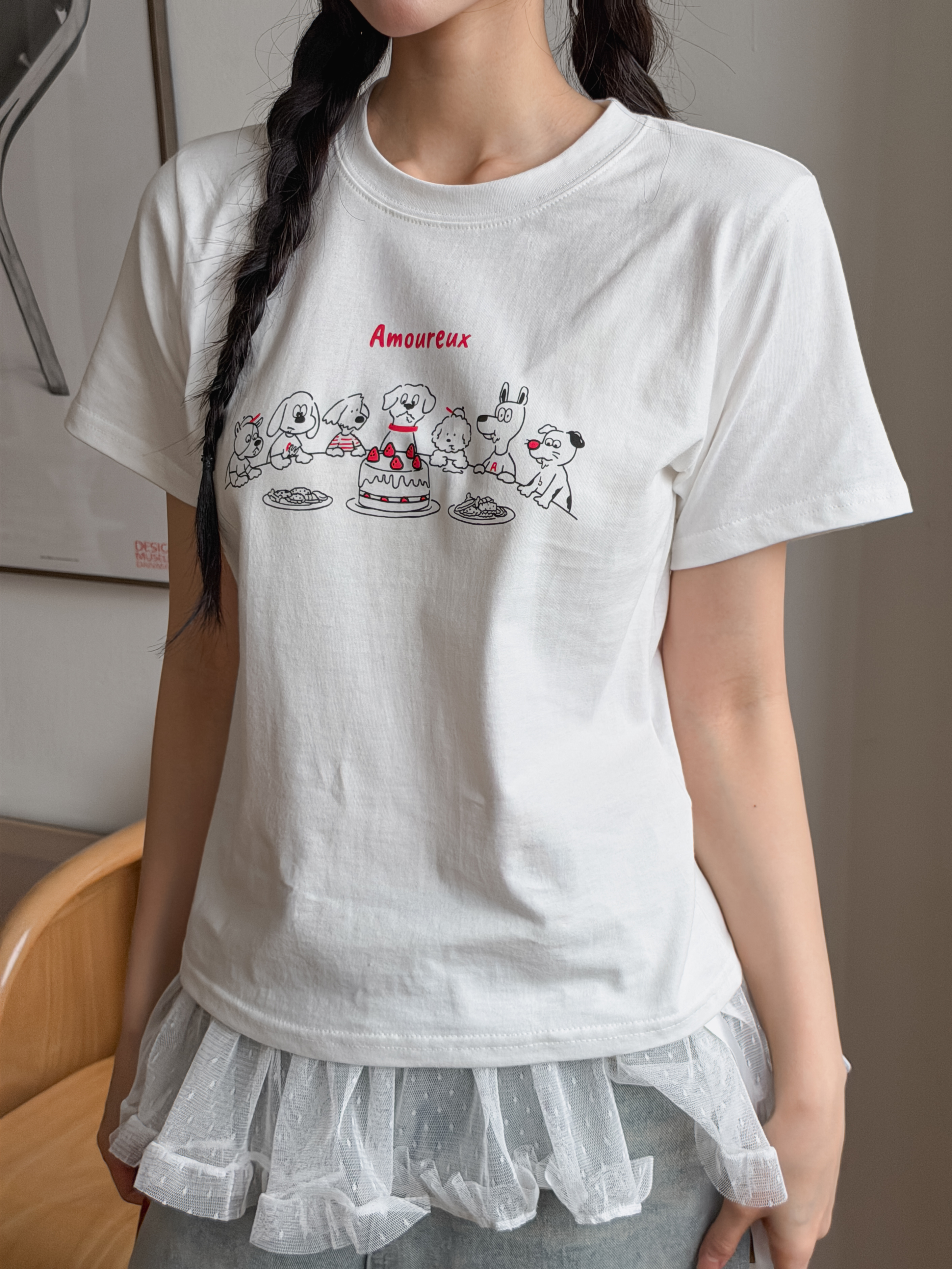 コットンラウンドネック半袖セミクロップドプリントTシャツ | 詳細画像9
