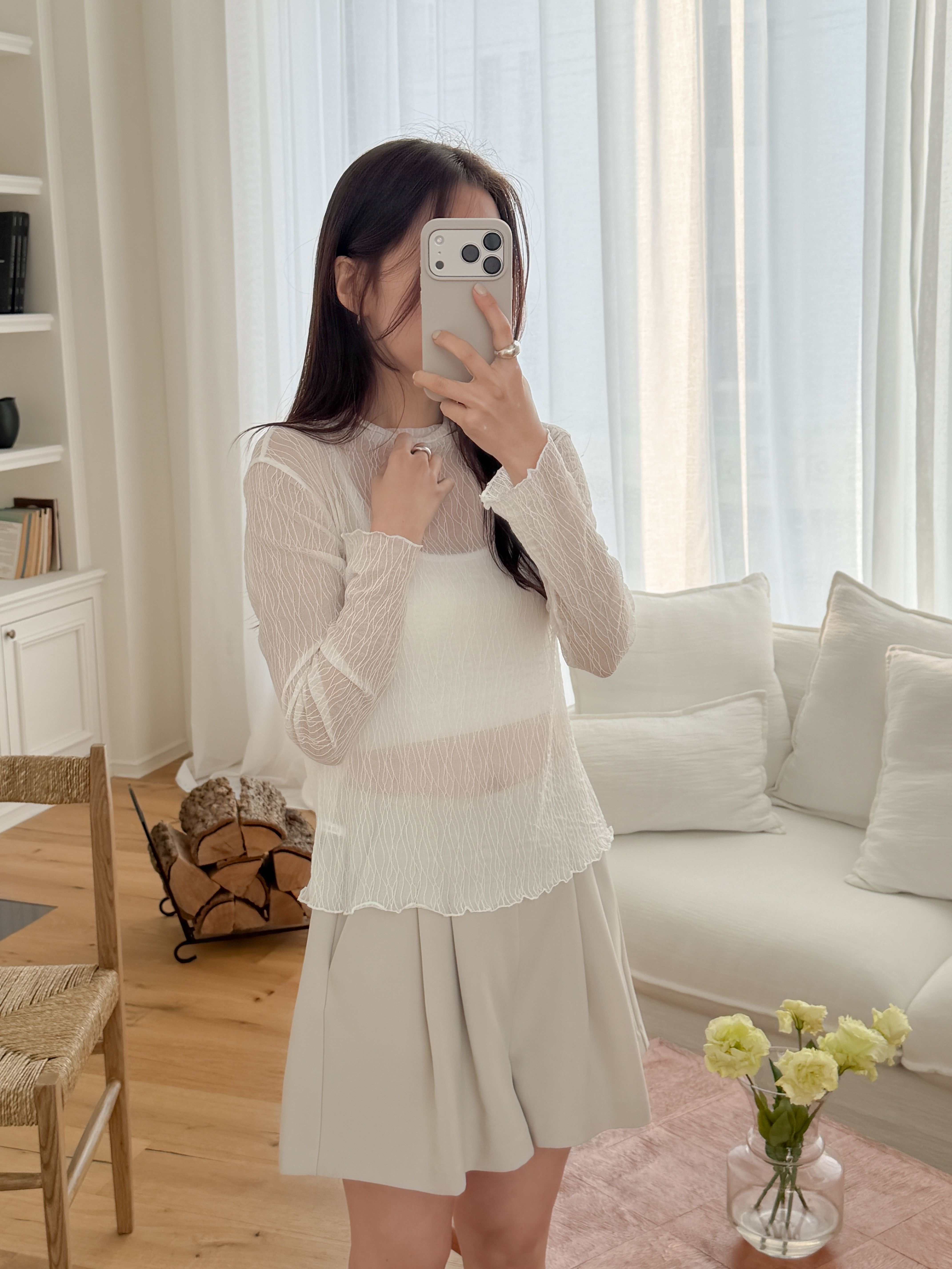 レースシースルーハーフネックメロウベルスリーブルーズTシャツ | 詳細画像7