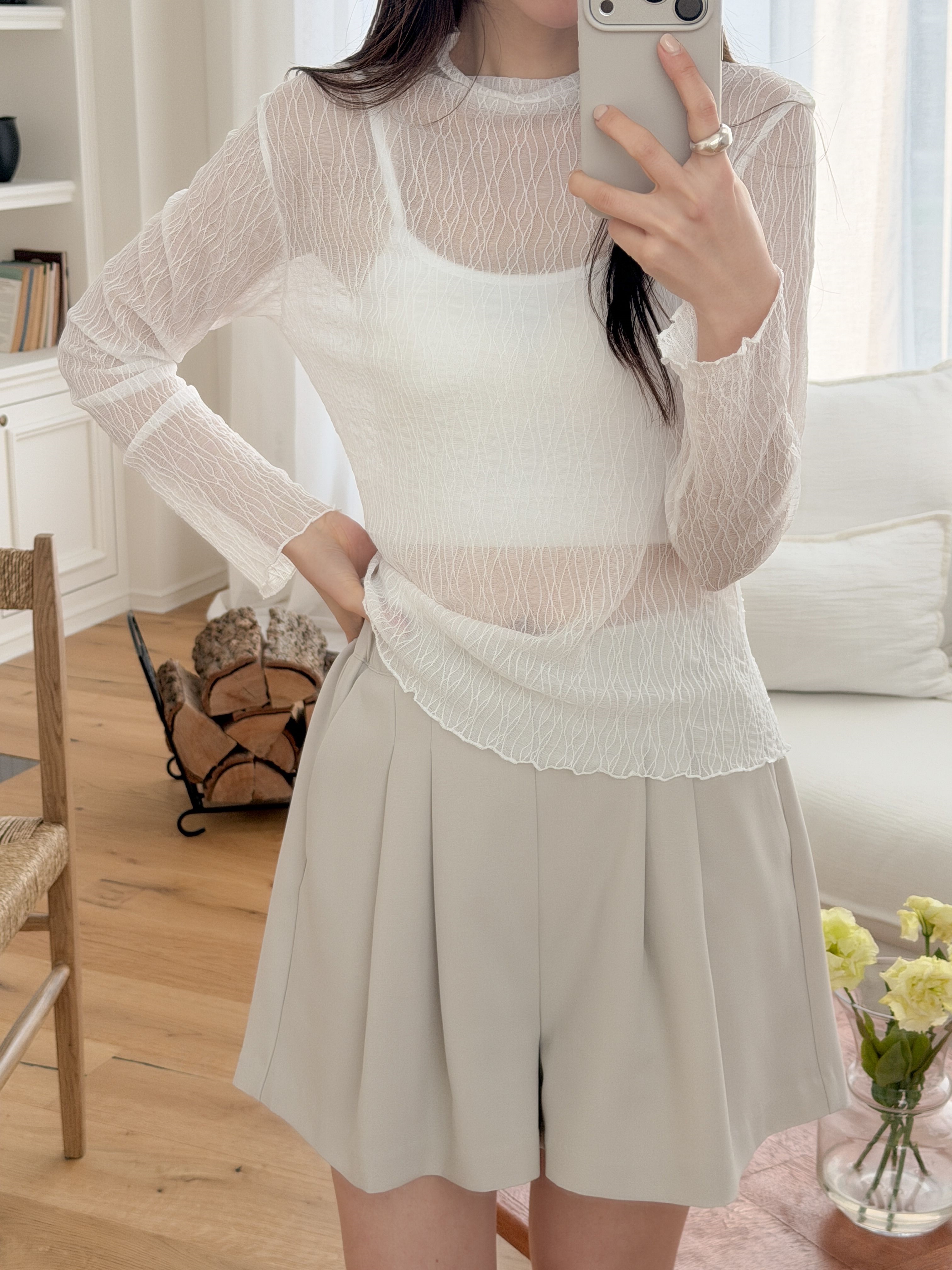 レースシースルーハーフネックメロウベルスリーブルーズTシャツ | 詳細画像9