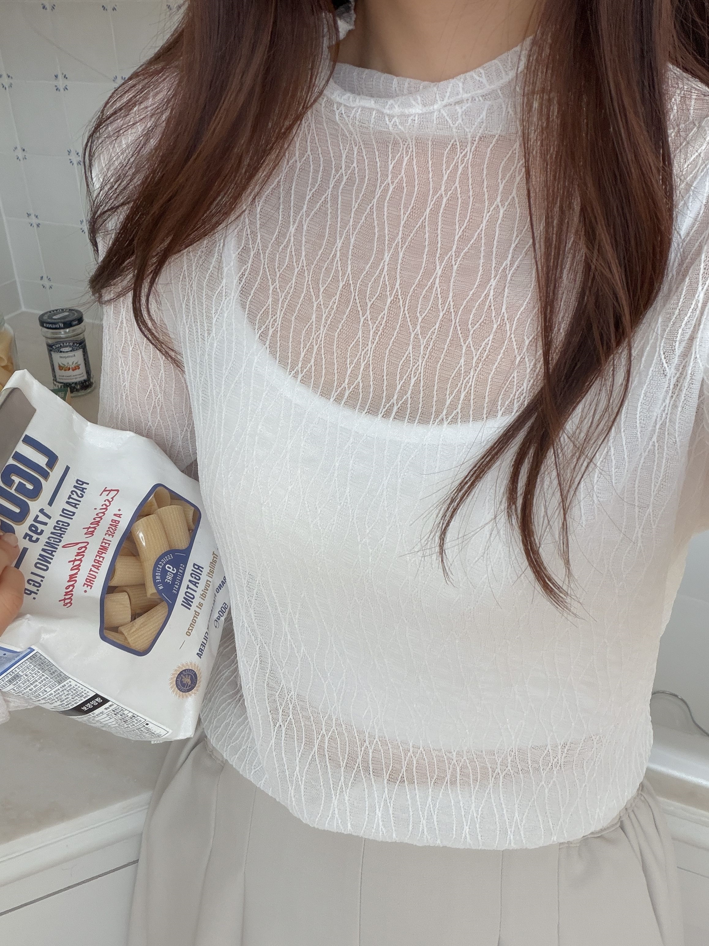 レースシースルーハーフネックメロウベルスリーブルーズTシャツ | 詳細画像11