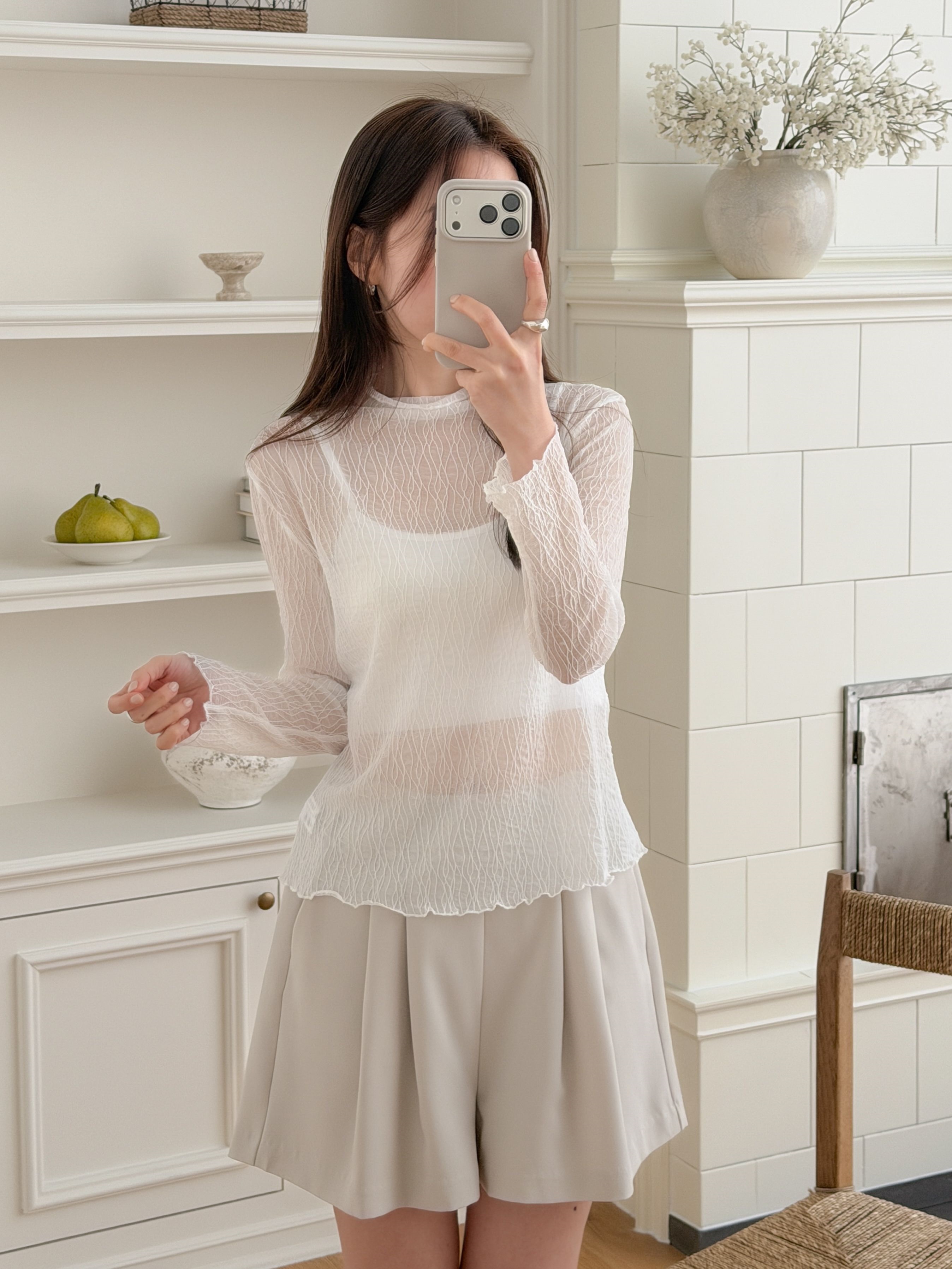 レースシースルーハーフネックメロウベルスリーブルーズTシャツ | 詳細画像12