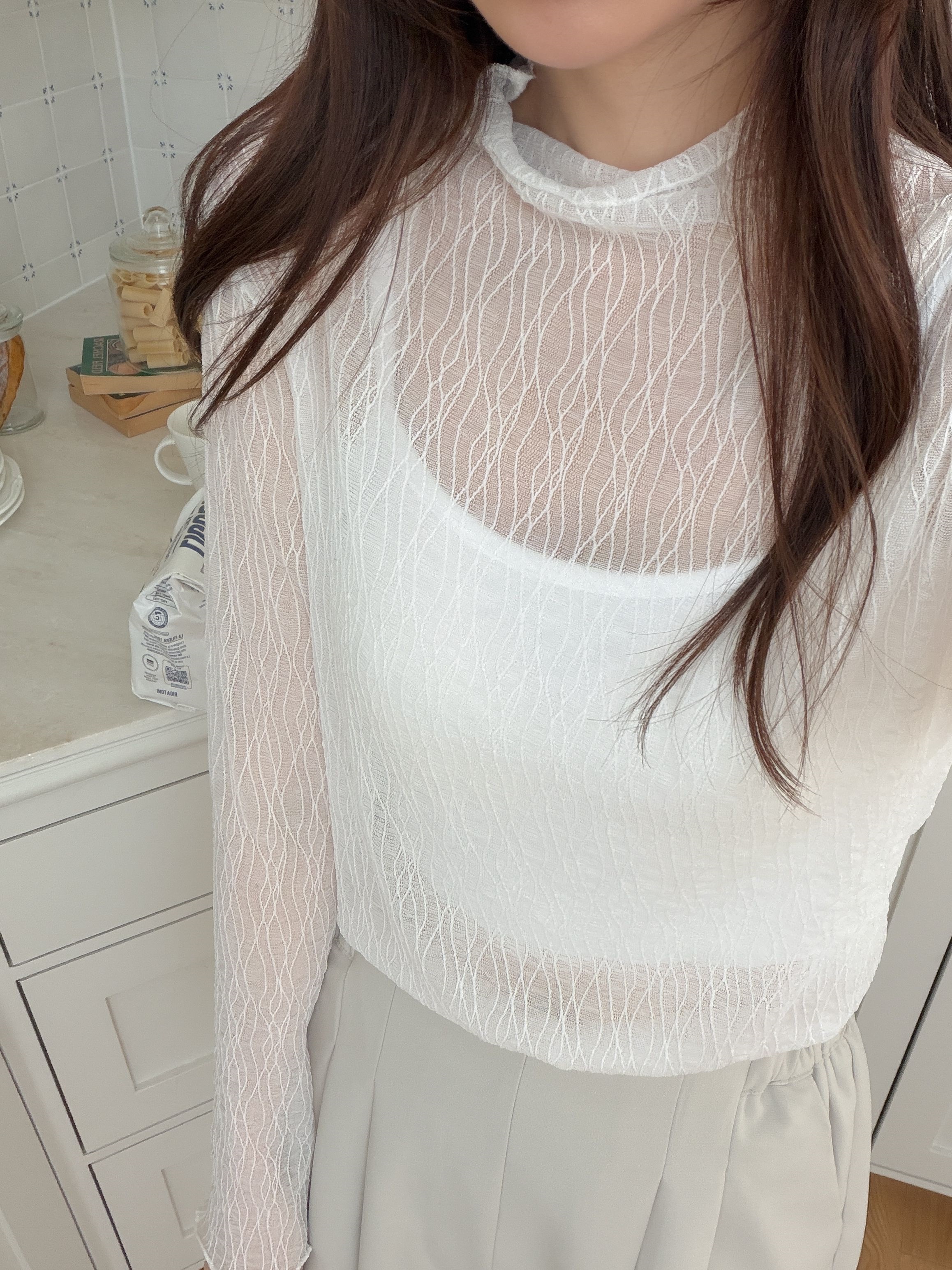 レースシースルーハーフネックメロウベルスリーブルーズTシャツ | 詳細画像15