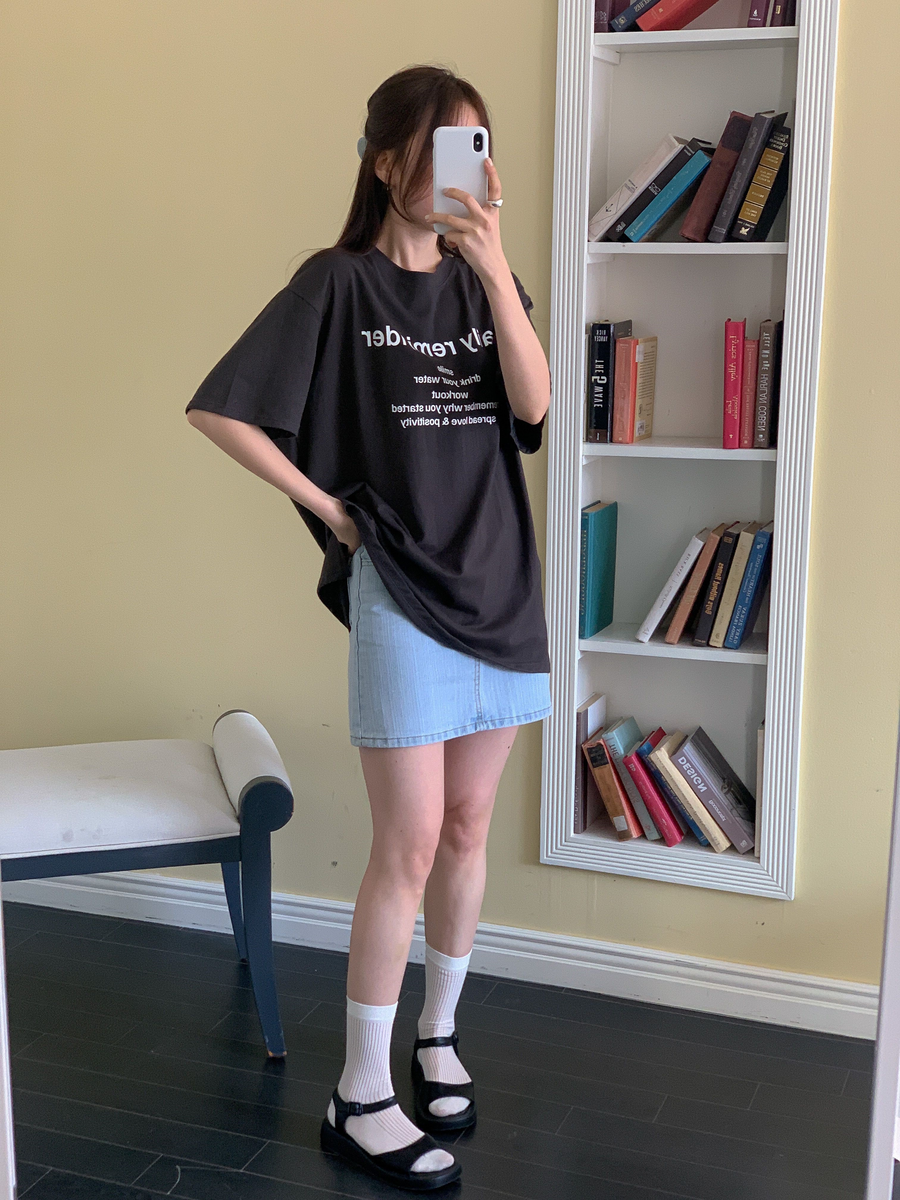 コットンラウンドネックオーバーサイズボクシーロング半袖ドロップショルダーレタリングTシャツ | 詳細画像7