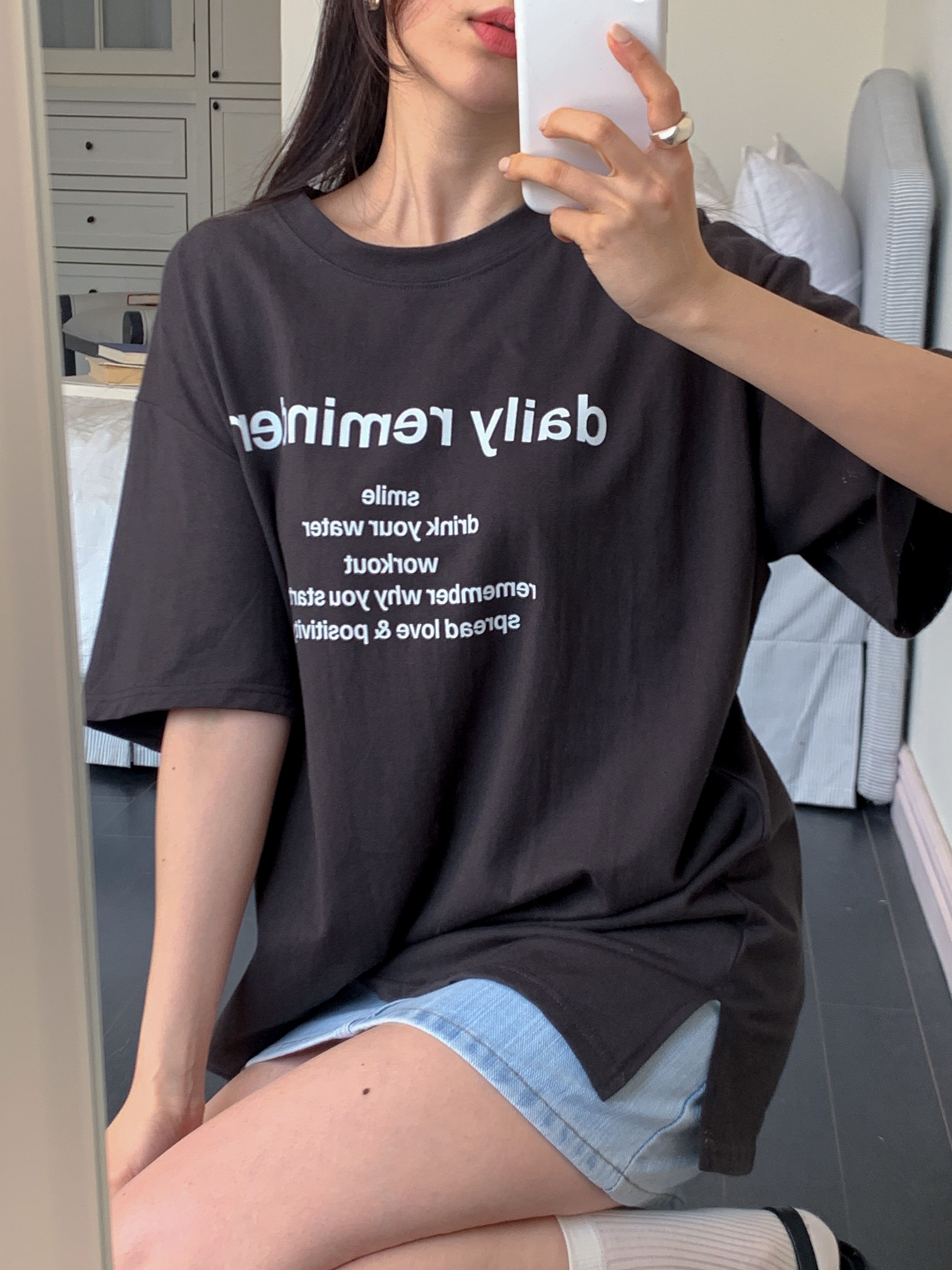 コットンラウンドネックオーバーサイズボクシーロング半袖ドロップショルダーレタリングTシャツ | 詳細画像10