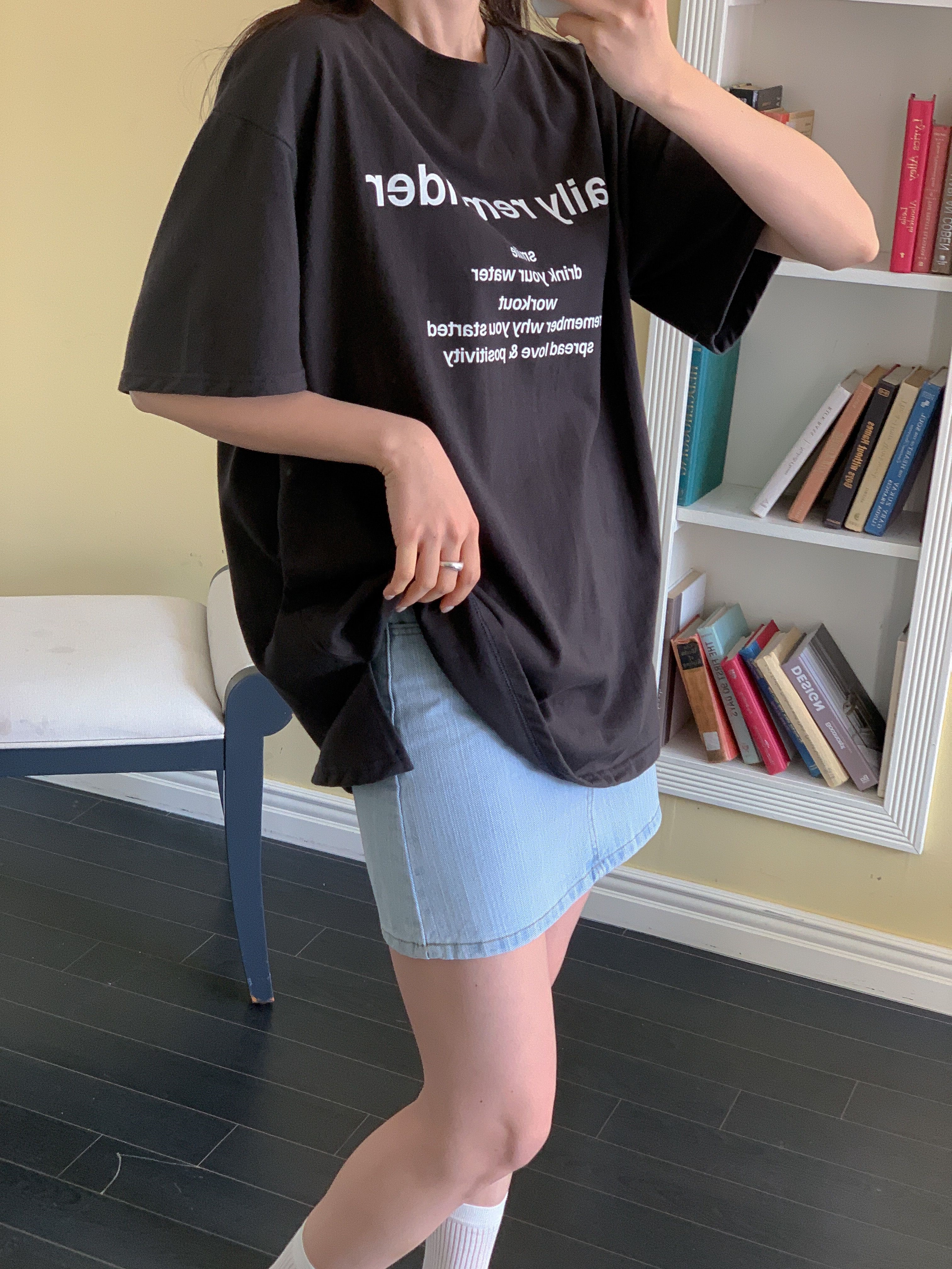 コットンラウンドネックオーバーサイズボクシーロング半袖ドロップショルダーレタリングTシャツ | 詳細画像13