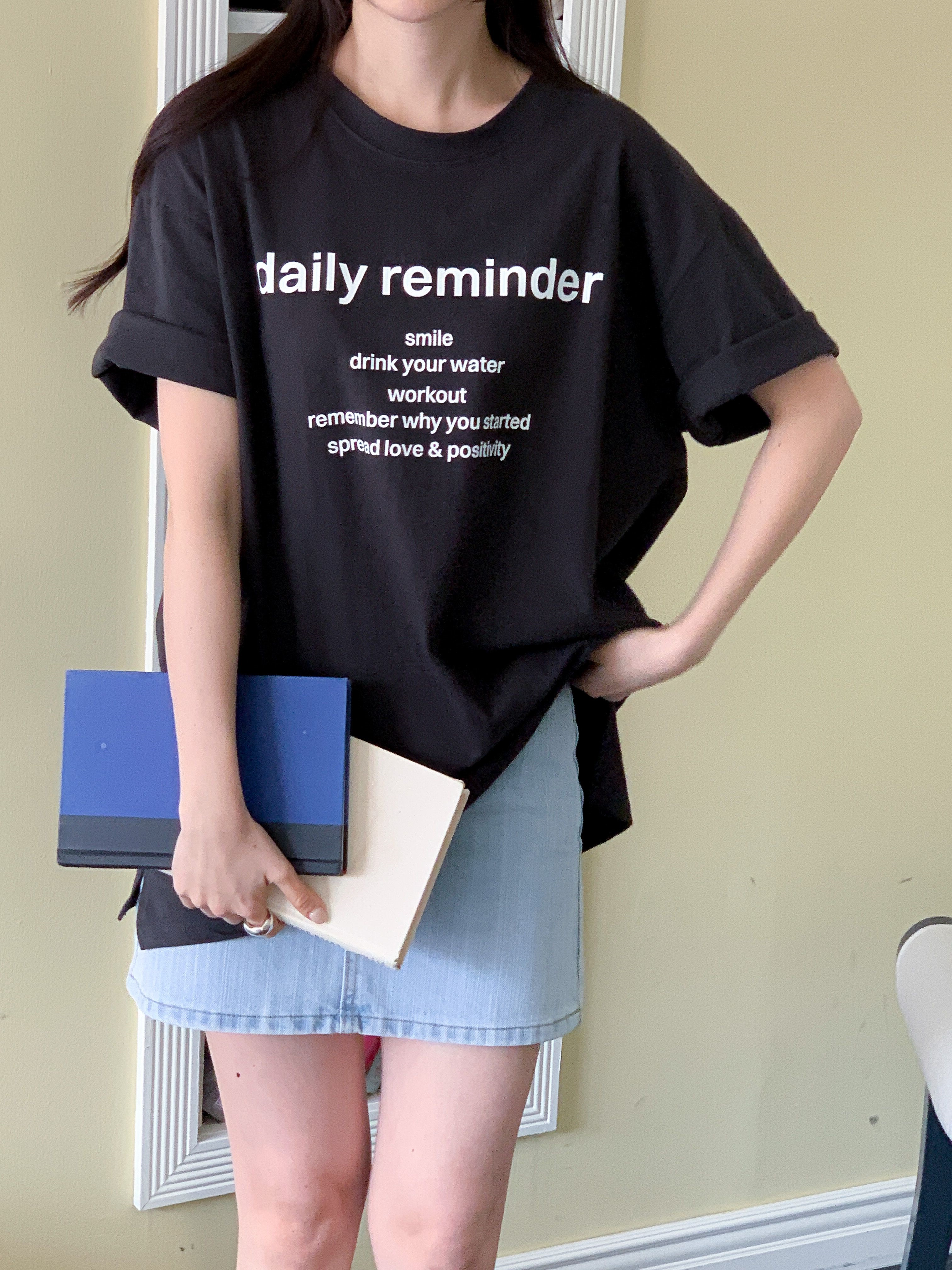 コットンラウンドネックオーバーサイズボクシーロング半袖ドロップショルダーレタリングTシャツ | 詳細画像14