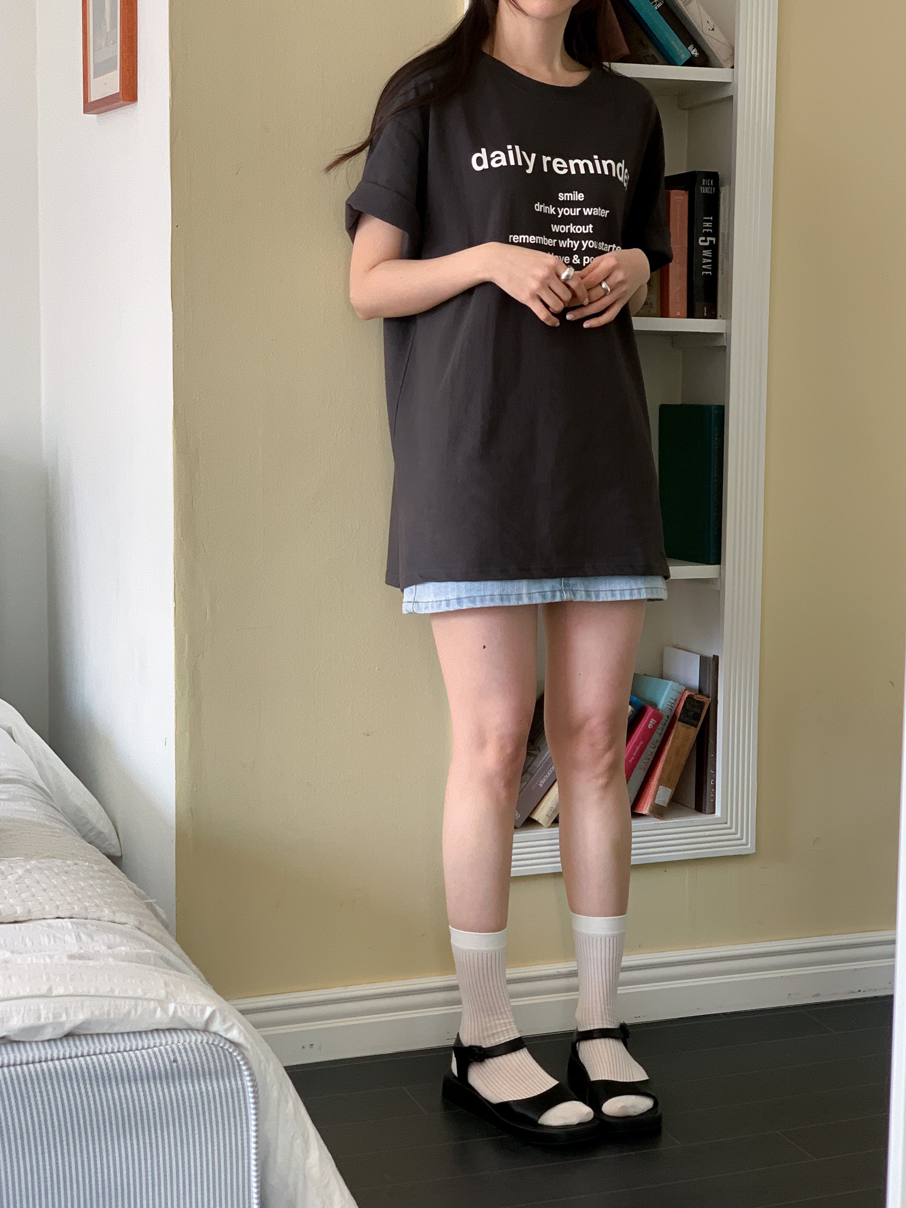 コットンラウンドネックオーバーサイズボクシーロング半袖ドロップショルダーレタリングTシャツ | 詳細画像15