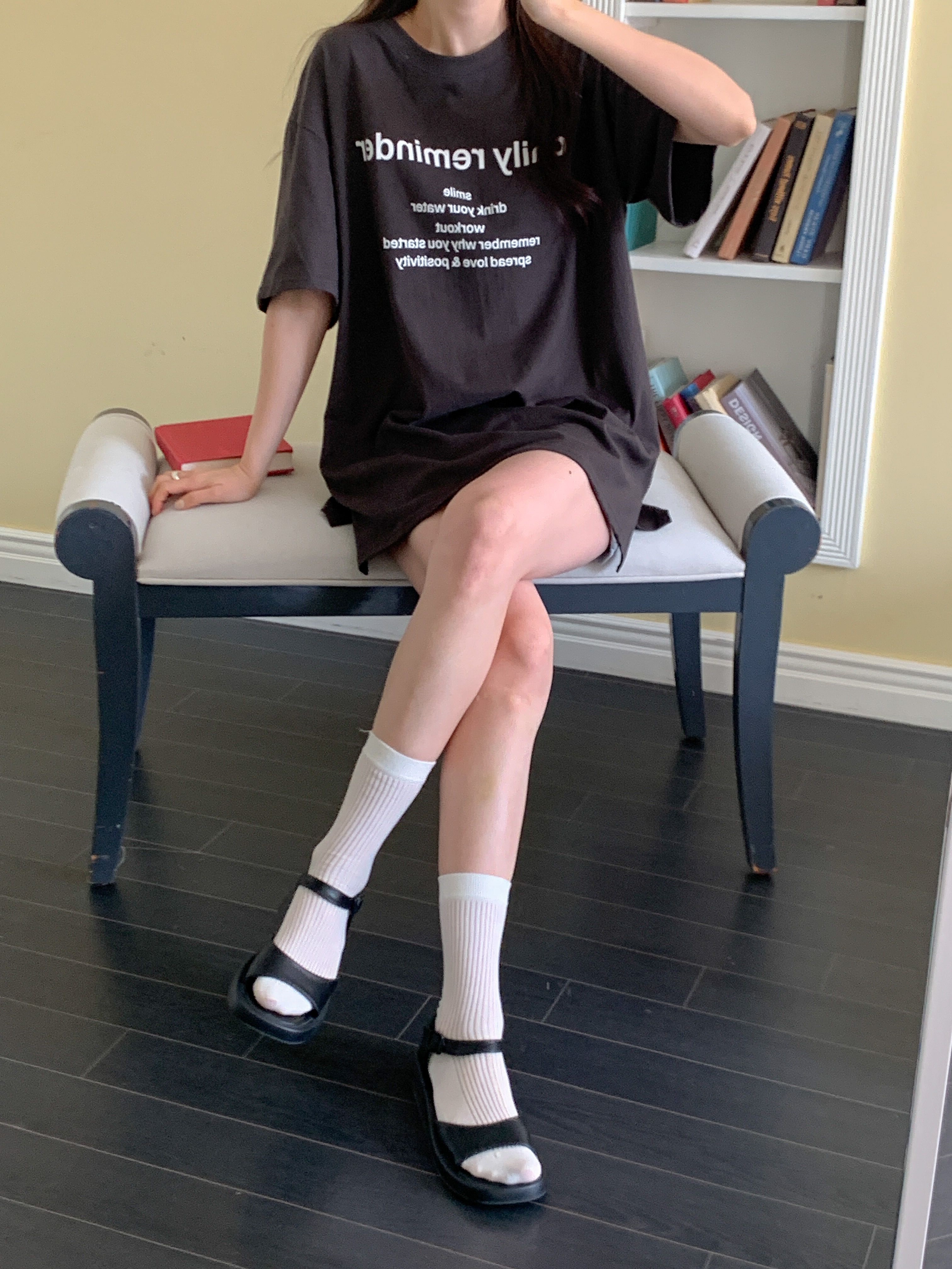 コットンラウンドネックオーバーサイズボクシーロング半袖ドロップショルダーレタリングTシャツ | 詳細画像20