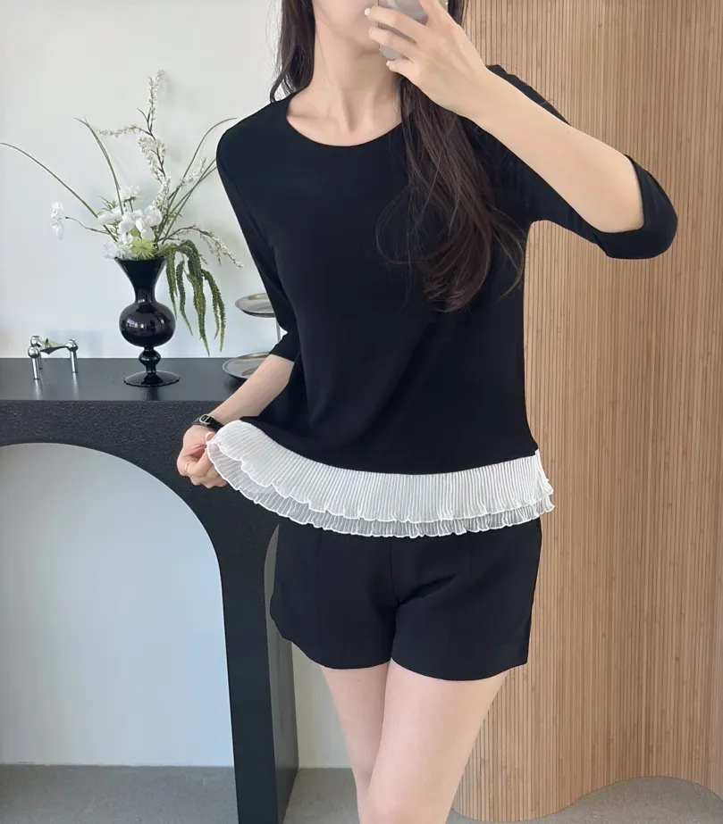 ラウンドネックシャーリングティアードパフスリーブルーズ長袖後ボタンブラウス | 詳細画像1