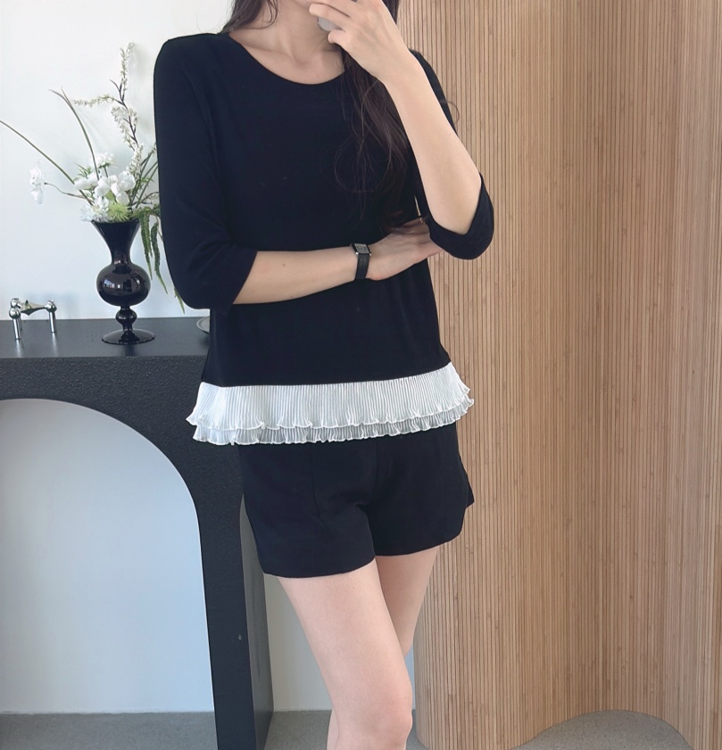 ラウンドネックシャーリングティアードパフスリーブルーズ長袖後ボタンブラウス | 詳細画像2