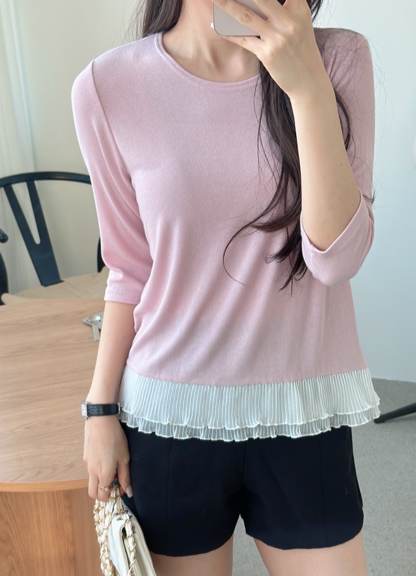 ラウンドネックシャーリングティアードパフスリーブルーズ長袖後ボタンブラウス | 詳細画像5