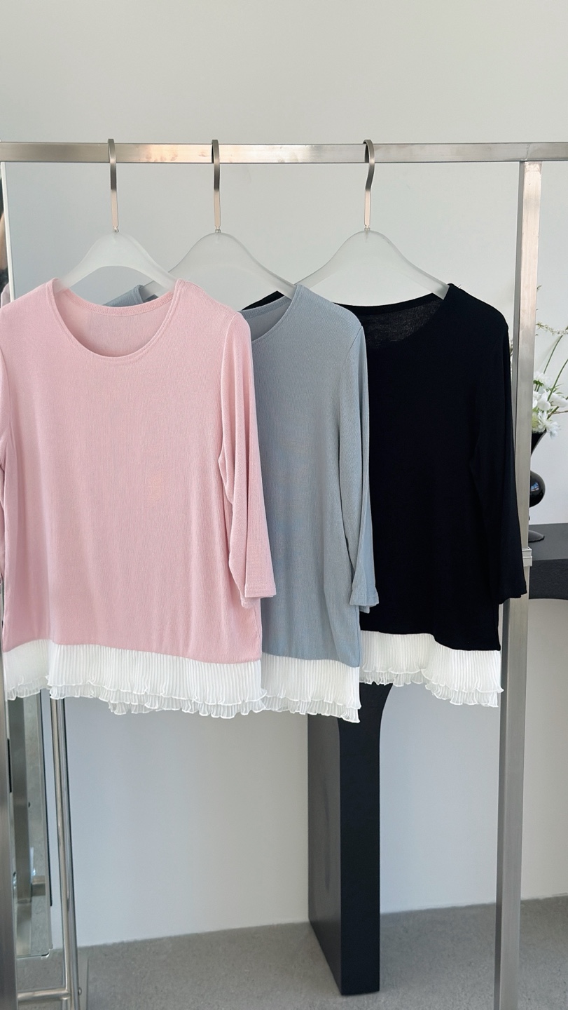 ラウンドネックシャーリングティアードパフスリーブルーズ長袖後ボタンブラウス | 詳細画像8