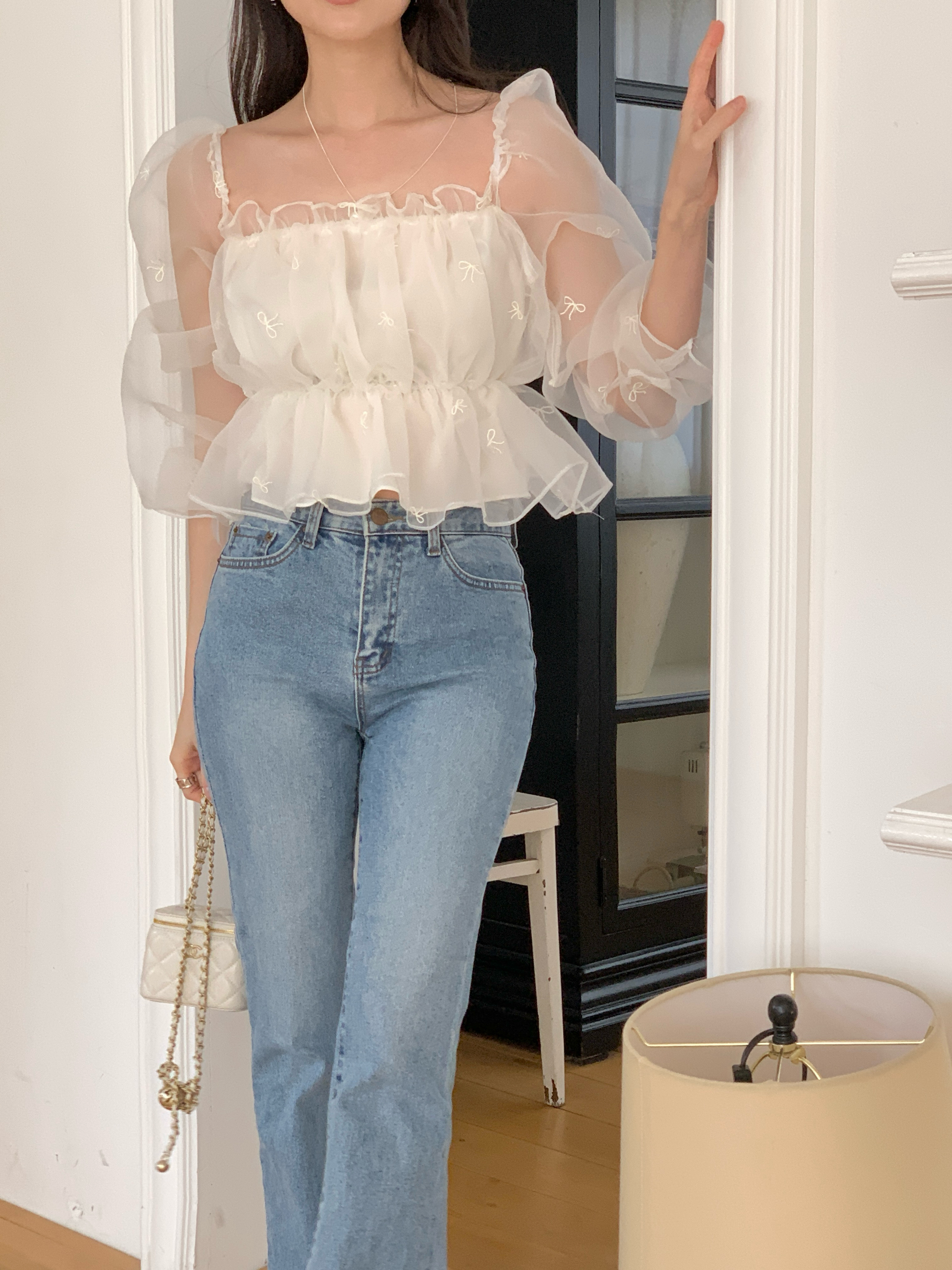 コンビシャーリングフリルパフスリーブクロップド長袖ブラウス | 詳細画像2