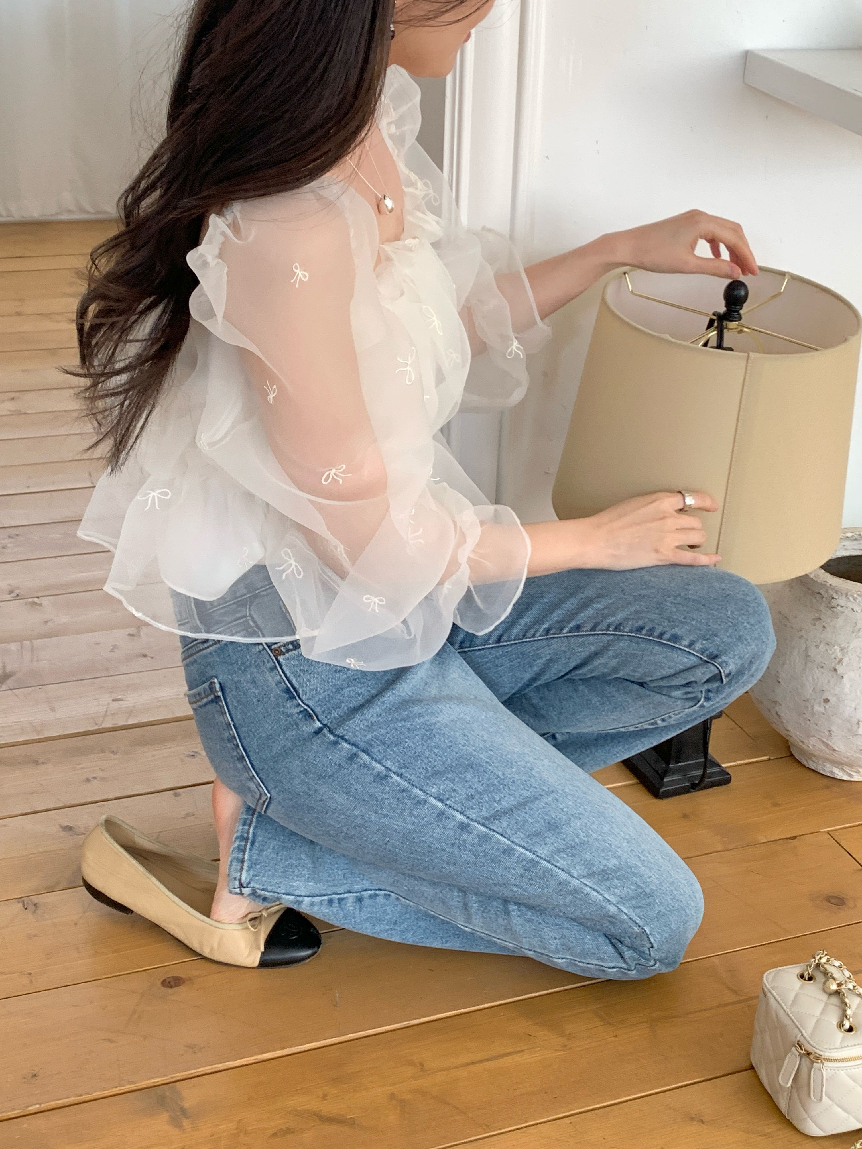 コンビシャーリングフリルパフスリーブクロップド長袖ブラウス | 詳細画像3