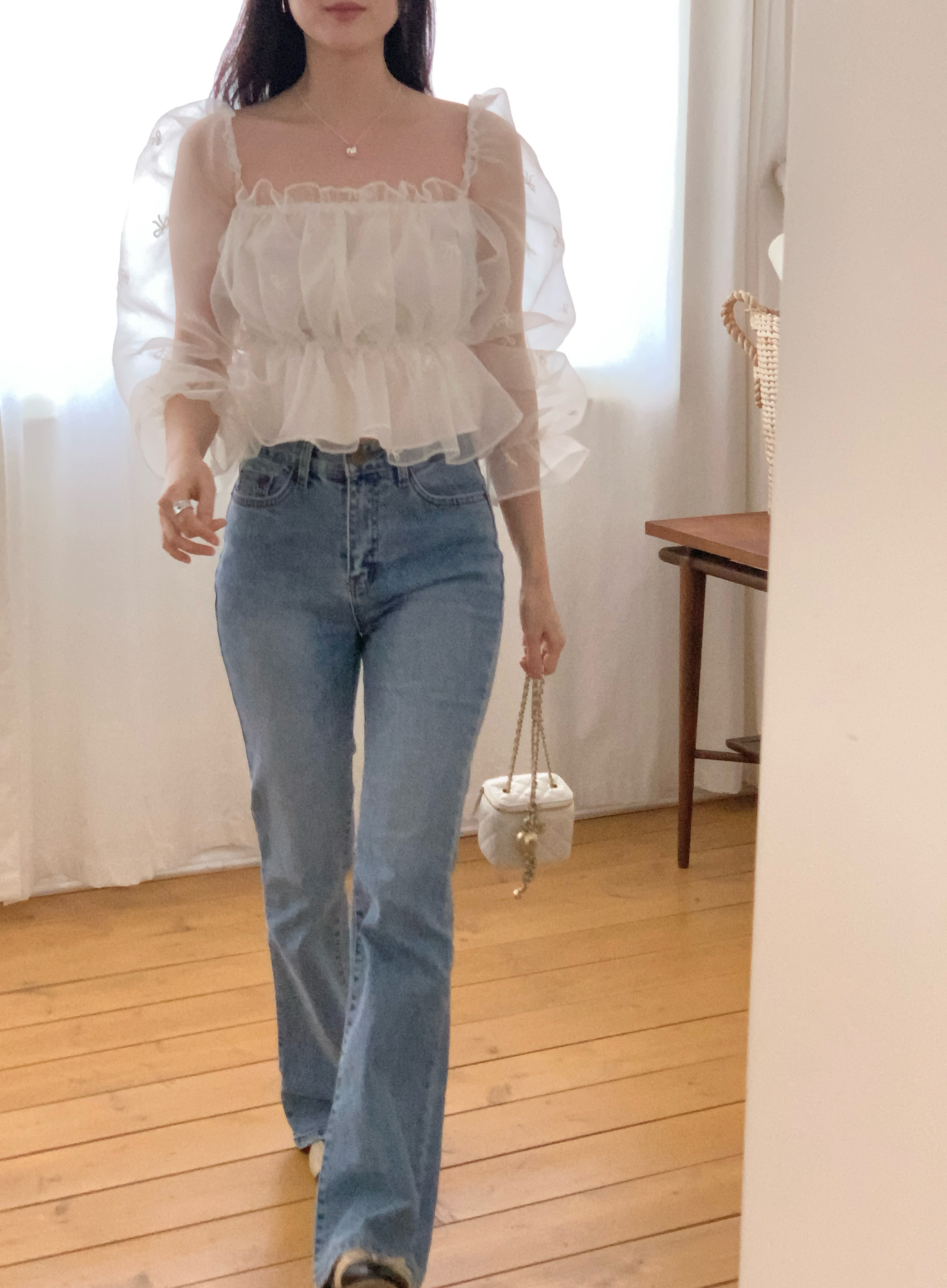 コンビシャーリングフリルパフスリーブクロップド長袖ブラウス | 詳細画像4