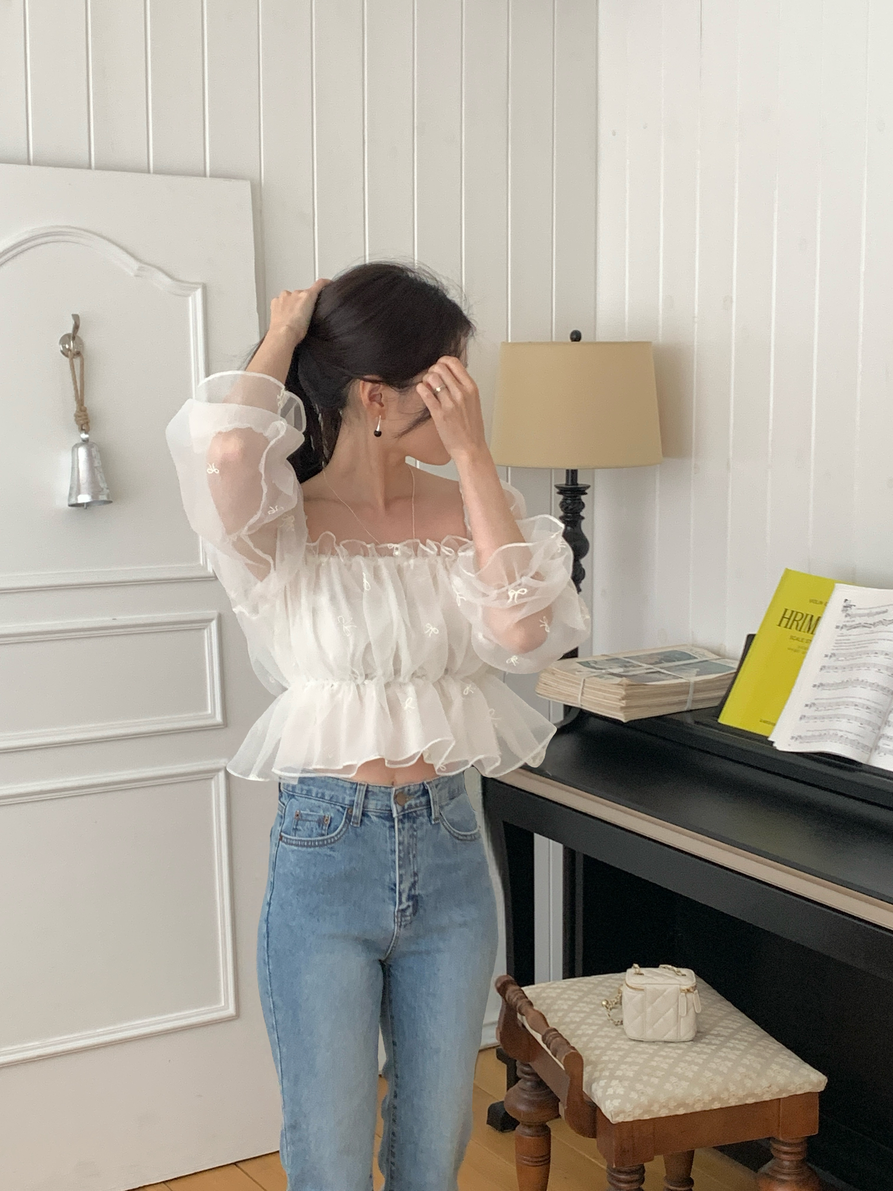 コンビシャーリングフリルパフスリーブクロップド長袖ブラウス | 詳細画像5