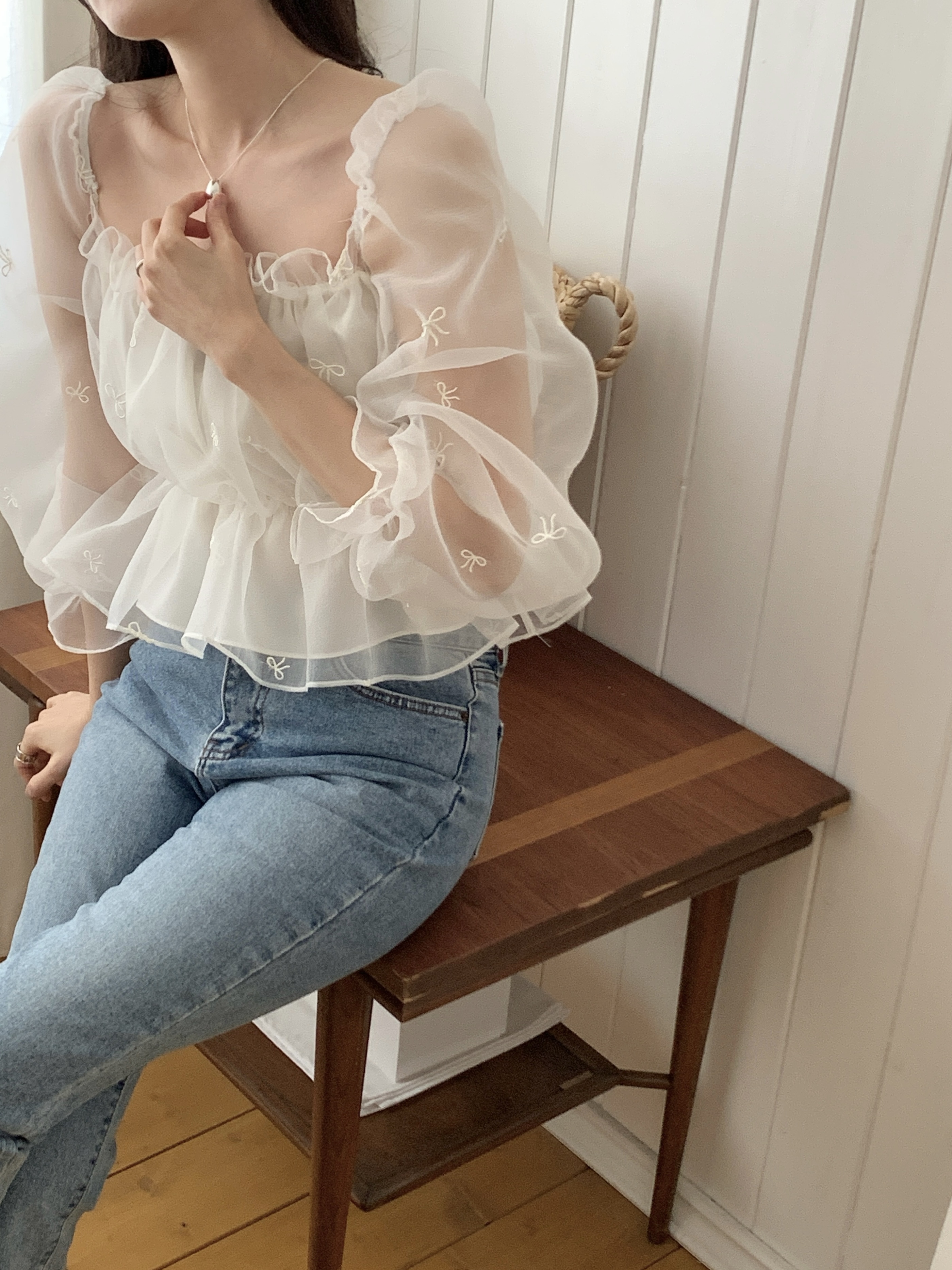 コンビシャーリングフリルパフスリーブクロップド長袖ブラウス | 詳細画像6