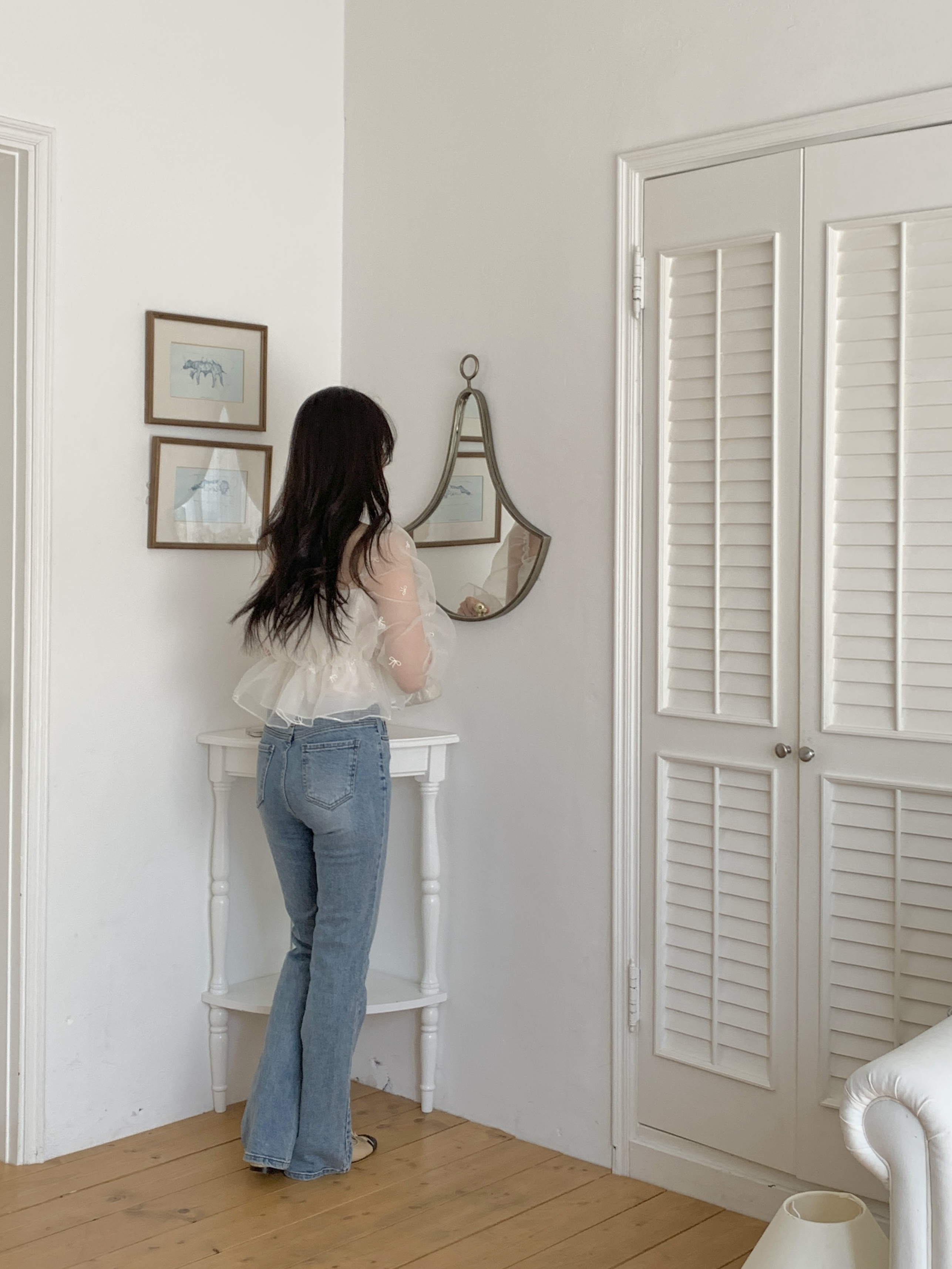 コンビシャーリングフリルパフスリーブクロップド長袖ブラウス | 詳細画像7