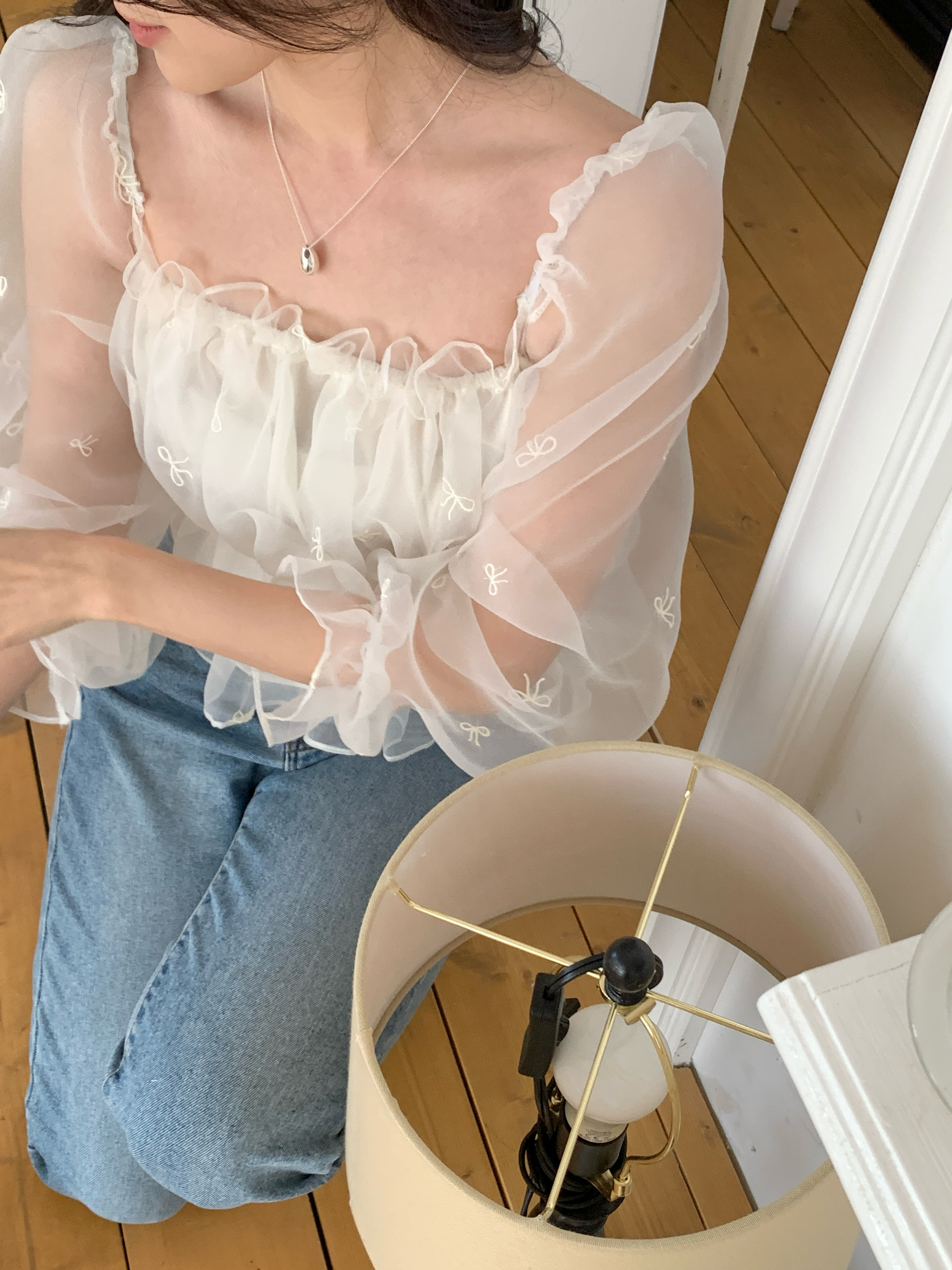 コンビシャーリングフリルパフスリーブクロップド長袖ブラウス | 詳細画像11