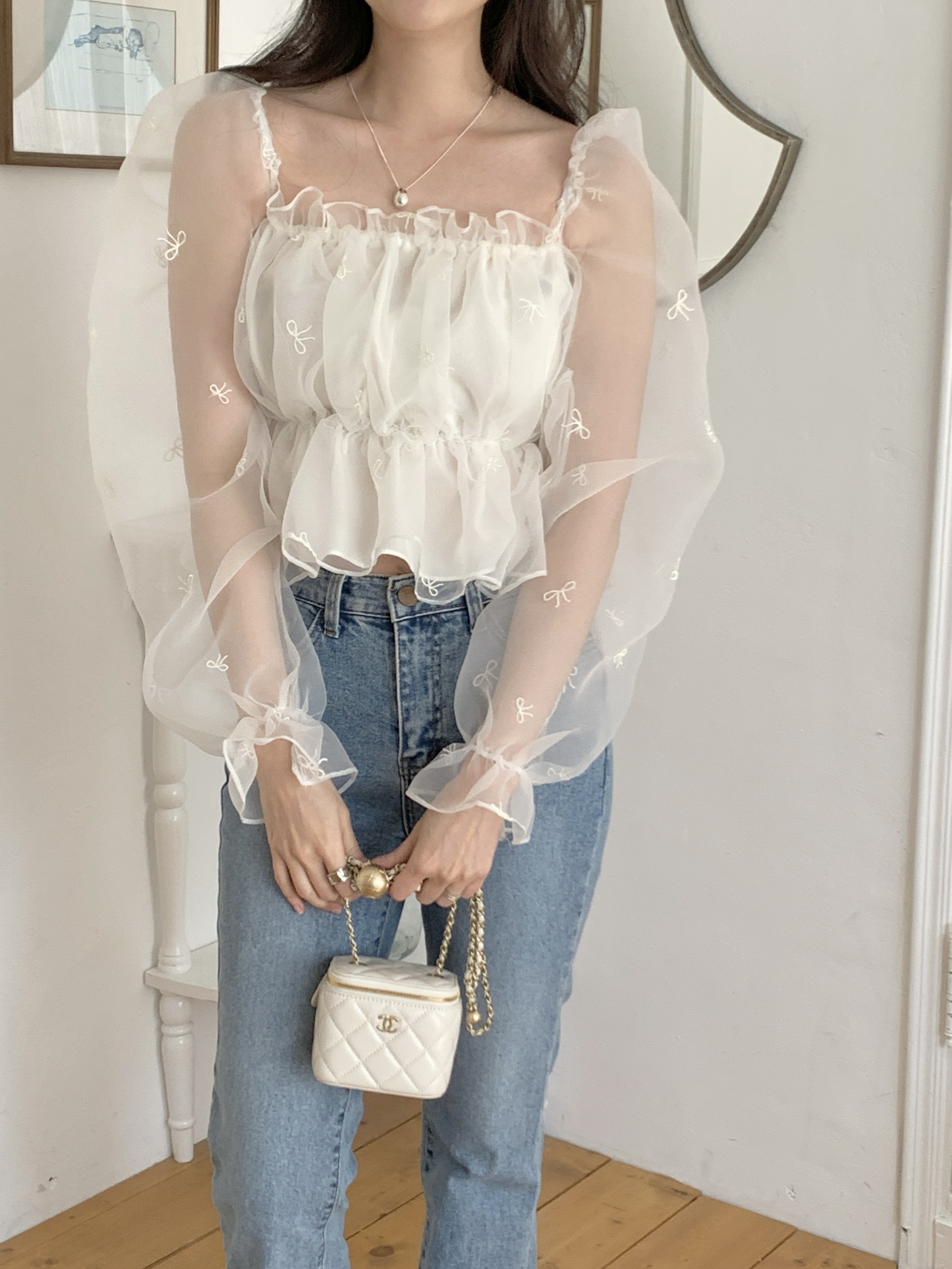 コンビシャーリングフリルパフスリーブクロップド長袖ブラウス | 詳細画像12