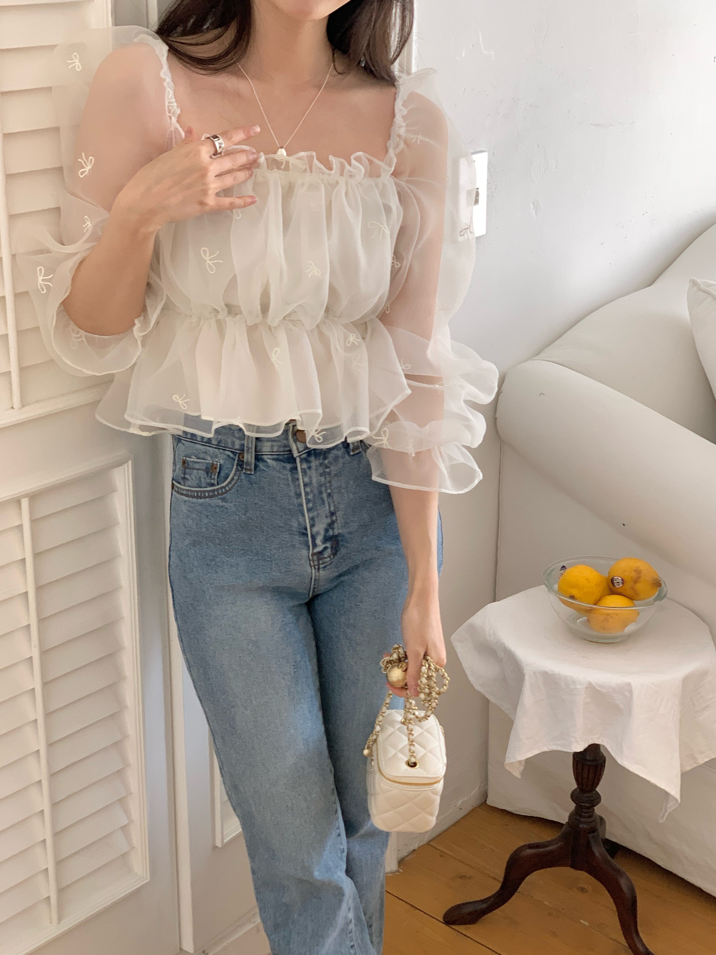 コンビシャーリングフリルパフスリーブクロップド長袖ブラウス | 詳細画像14