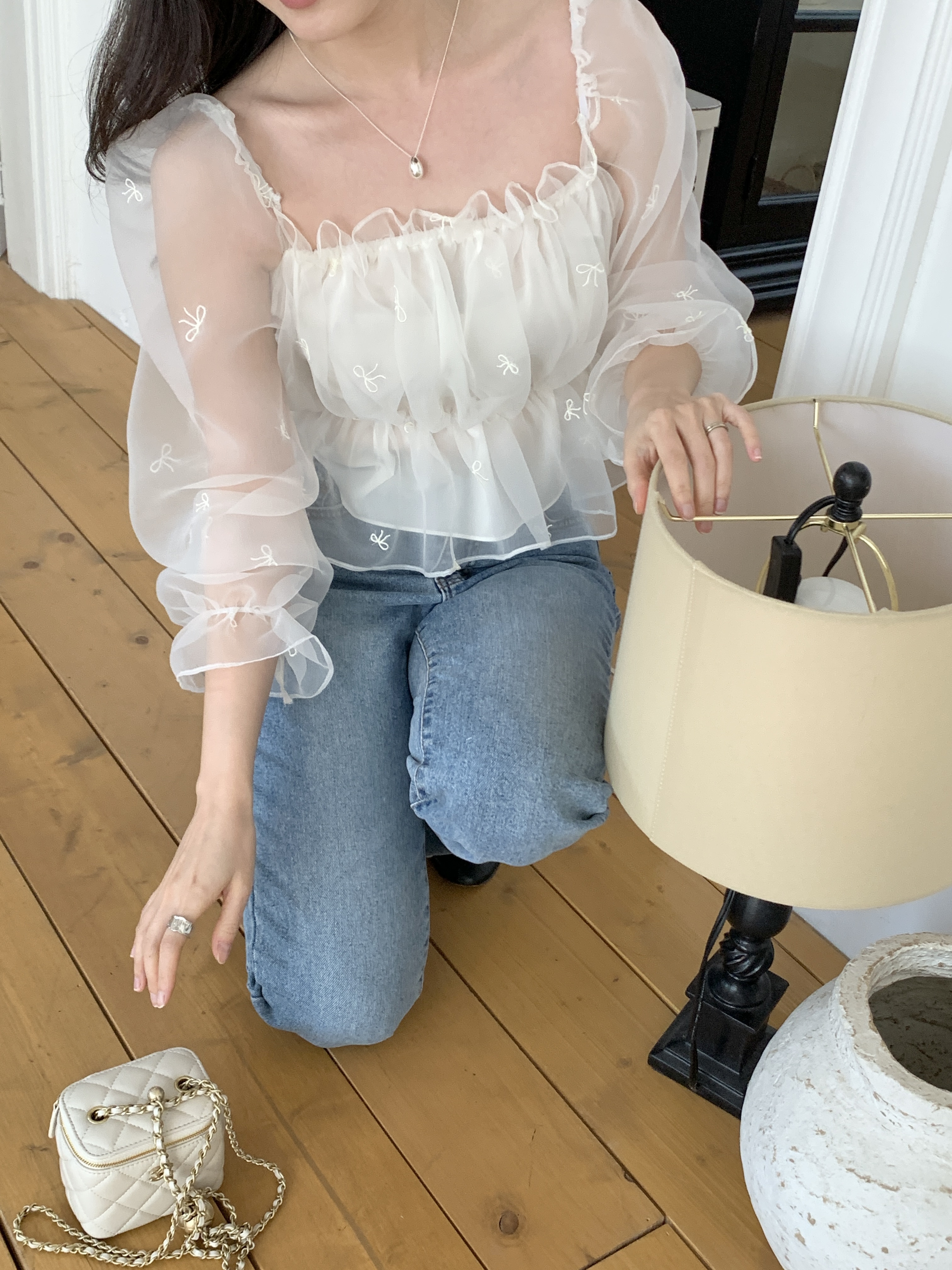 コンビシャーリングフリルパフスリーブクロップド長袖ブラウス | 詳細画像18