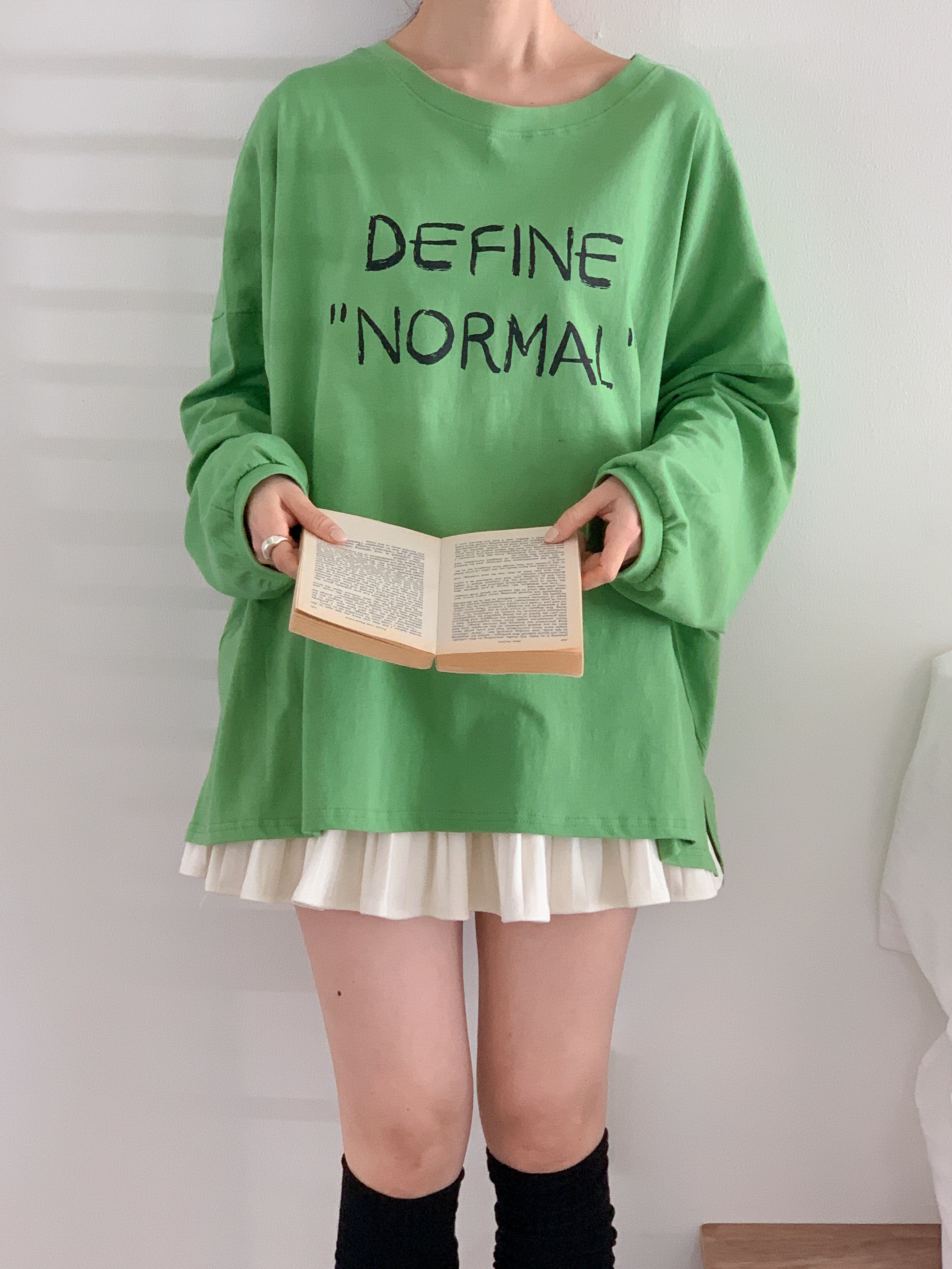 コットンラウンドネックスリットオーバーサイズボクシーロング長袖ドロップショルダーレタリングTシャツ | 詳細画像14