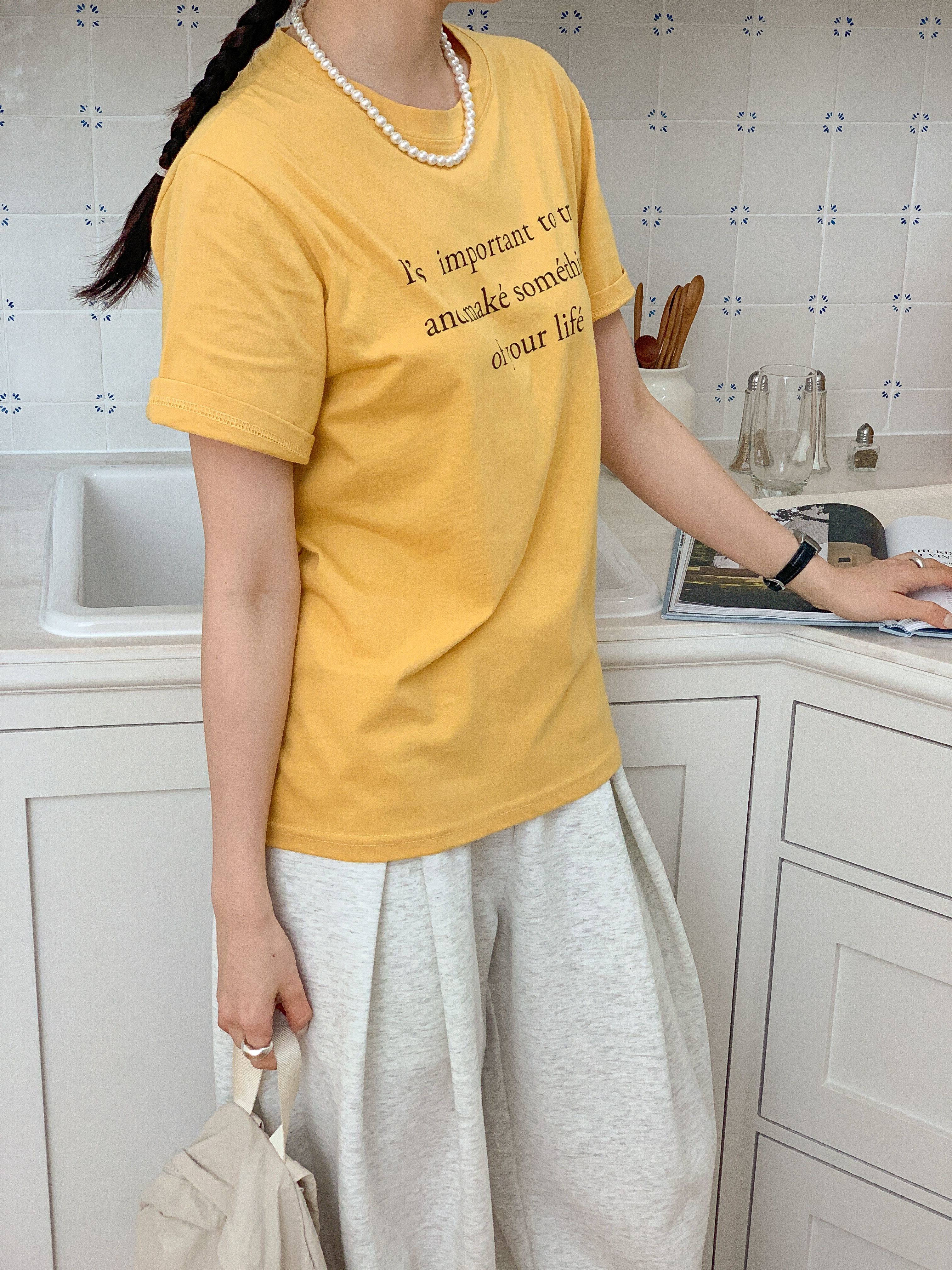 コットンラウンドネックベーシック半袖レタリングTシャツ | 詳細画像3