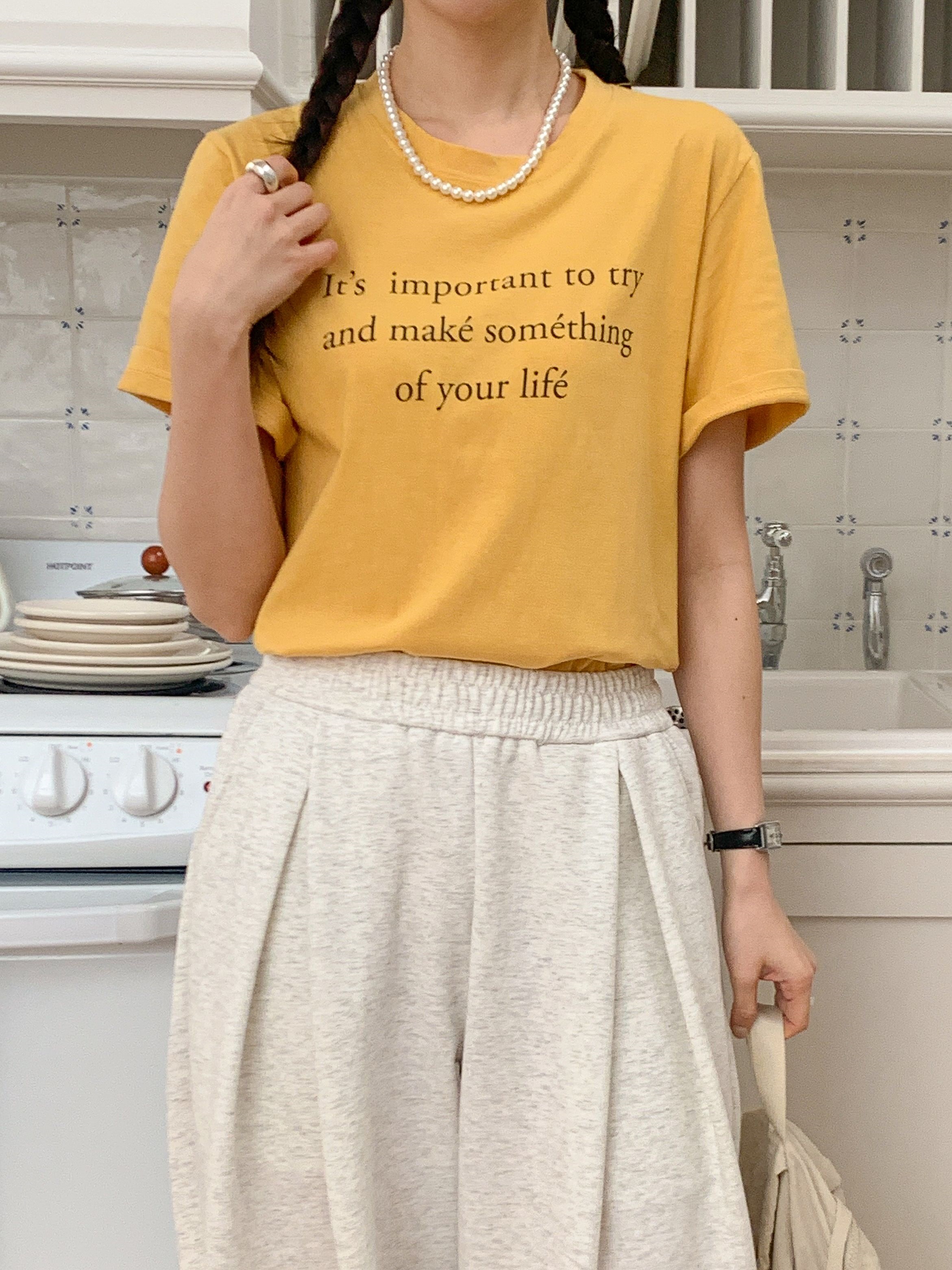 コットンラウンドネックベーシック半袖レタリングTシャツ | 詳細画像7