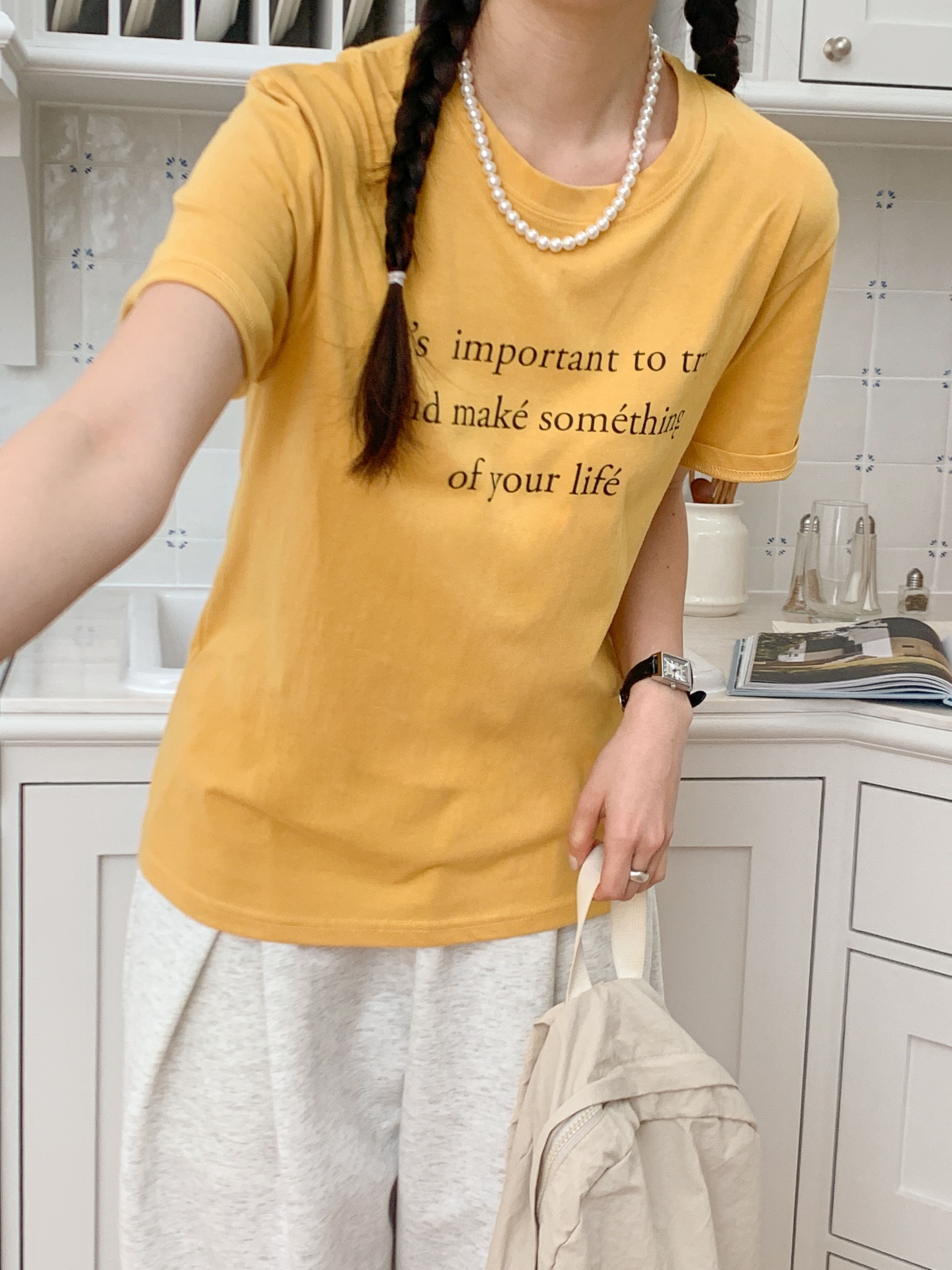 コットンラウンドネックベーシック半袖レタリングTシャツ | 詳細画像9