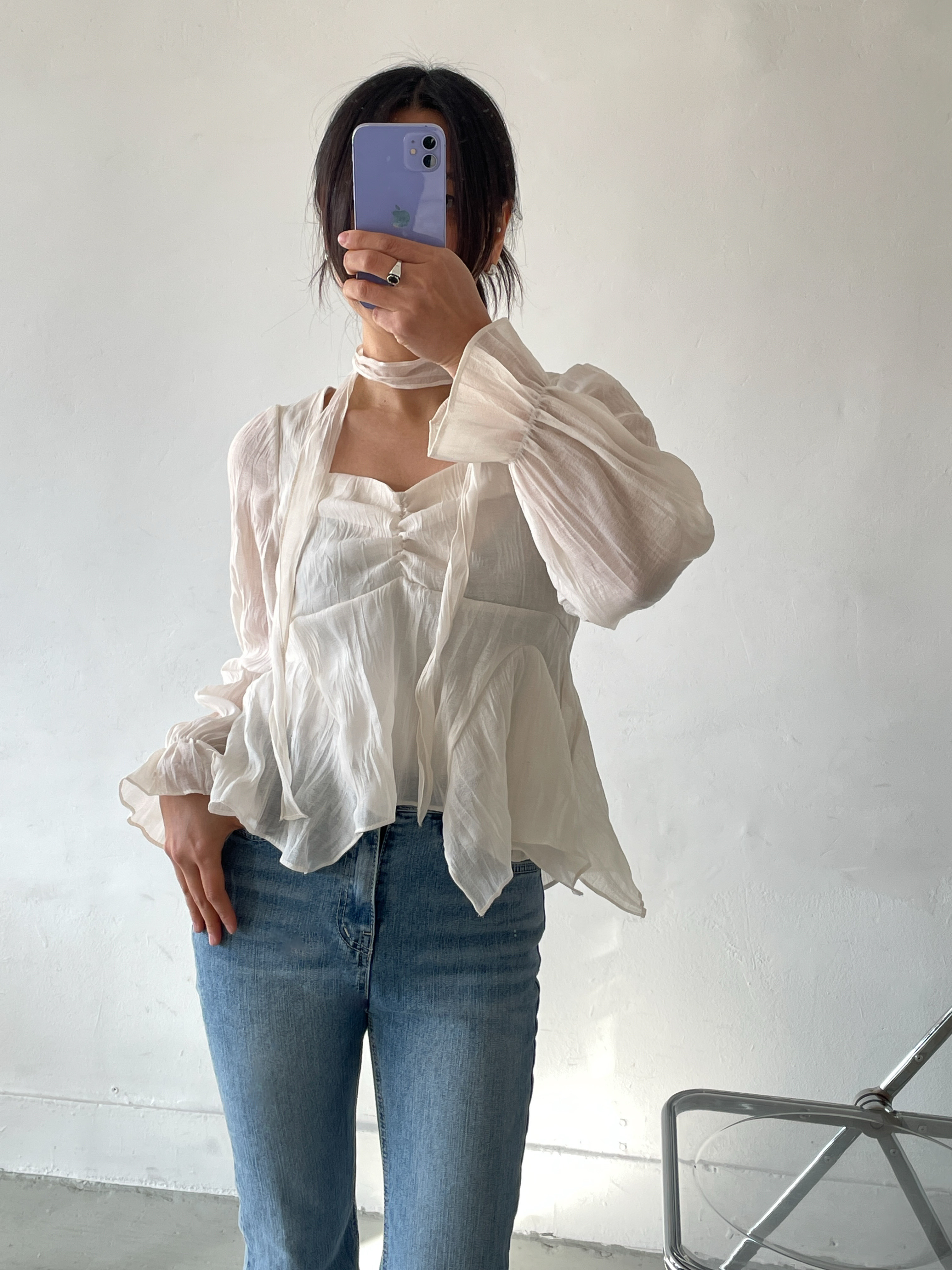 ハートネックシャーリングリンクルパフスリーブクロップドベルスリーブルーズアンバランス長袖無地ブラウス | 詳細画像8