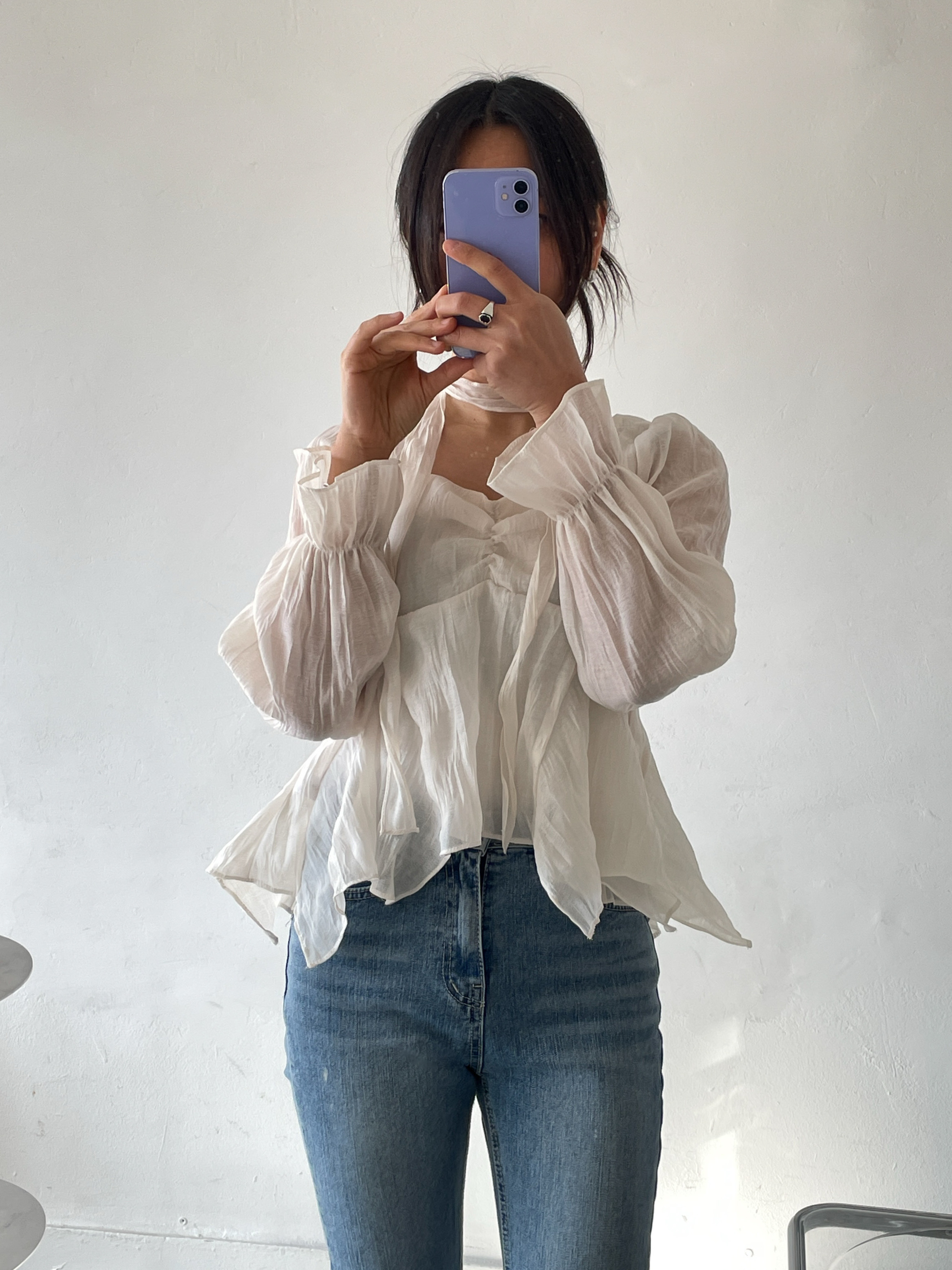 ハートネックシャーリングリンクルパフスリーブクロップドベルスリーブルーズアンバランス長袖無地ブラウス | 詳細画像9