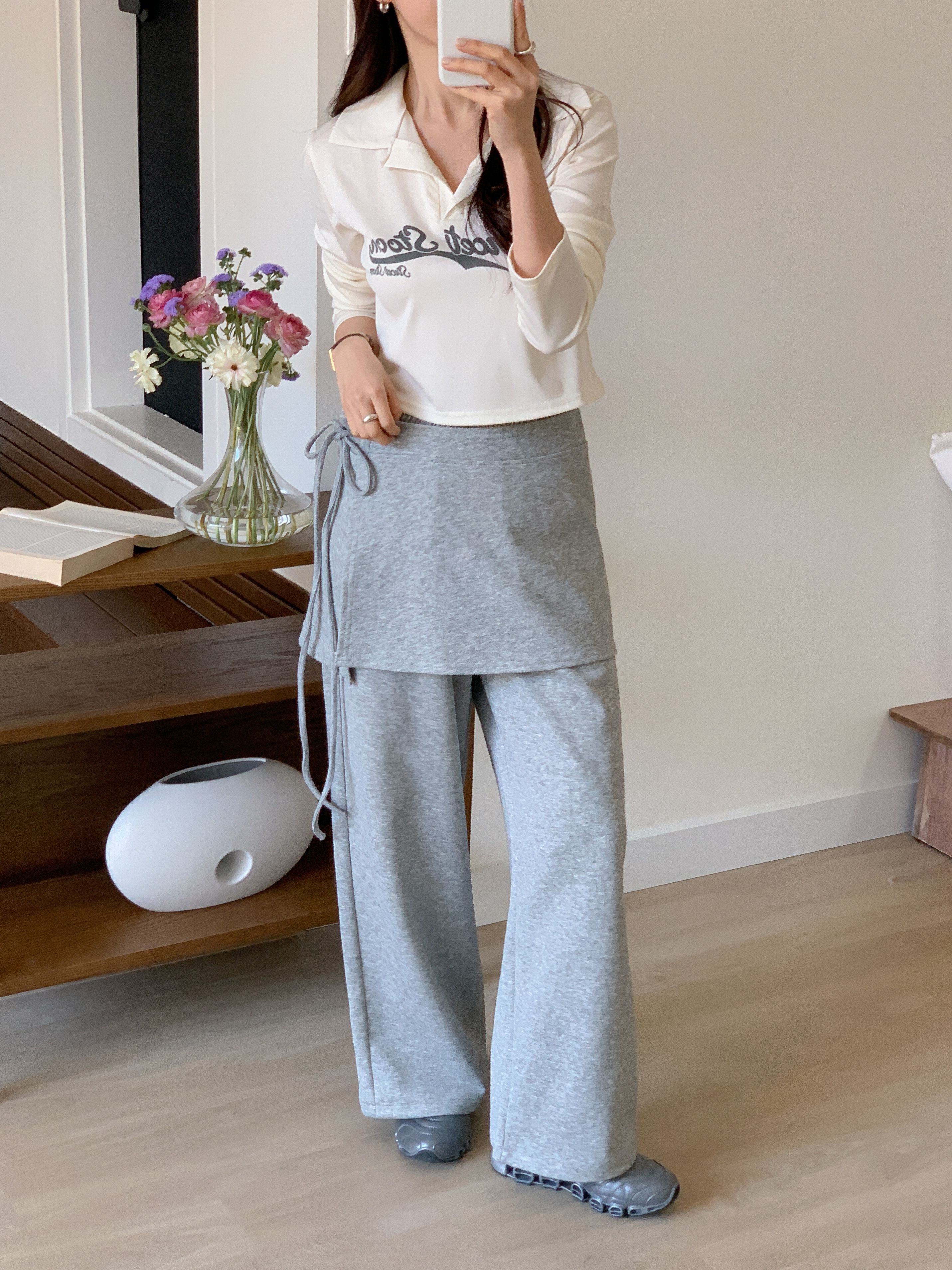 ポケットウエストゴムドローコードロングワイド無地パンツスカート付 | 詳細画像5