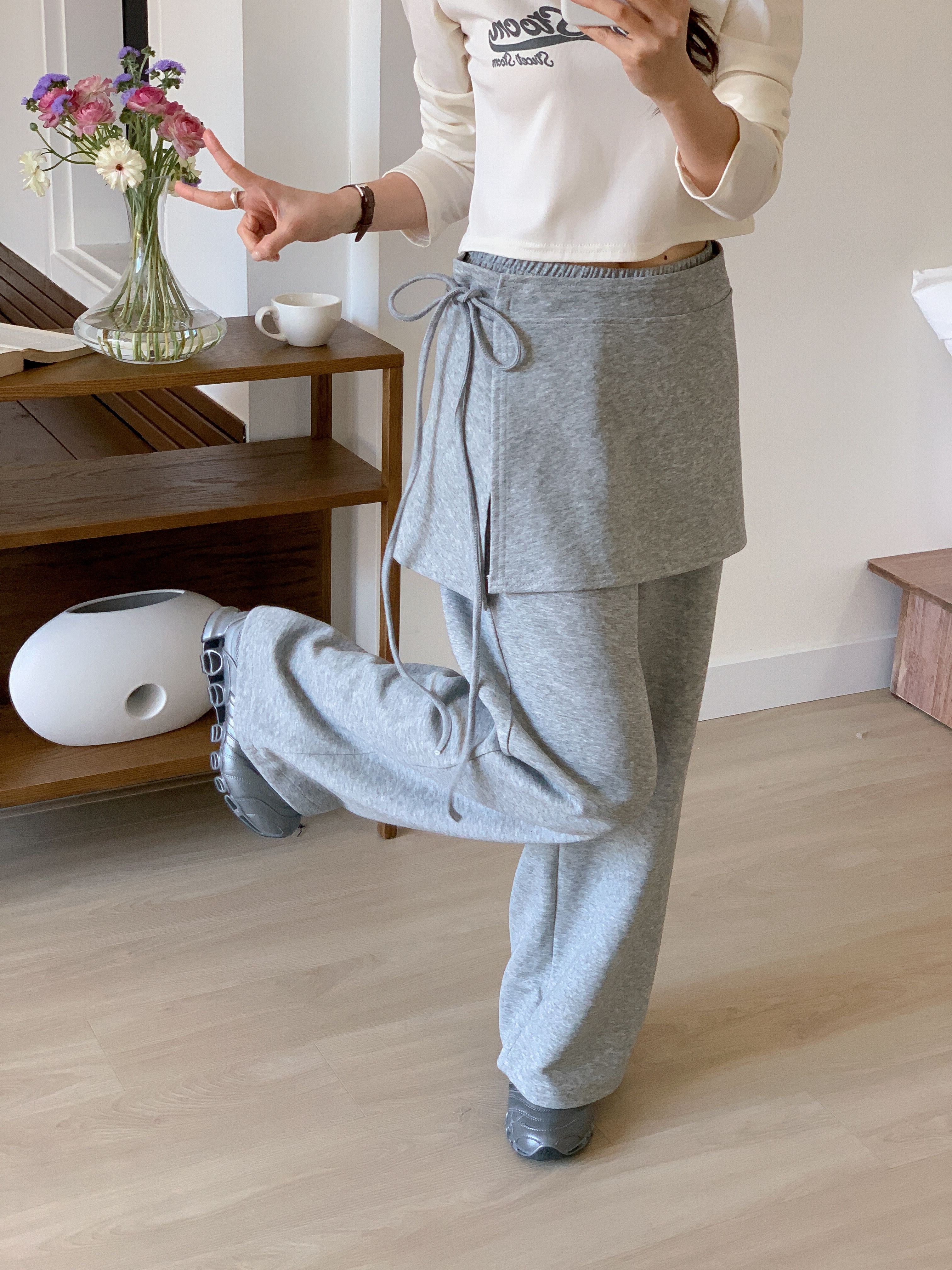 ポケットウエストゴムドローコードロングワイド無地パンツスカート付 | 詳細画像8