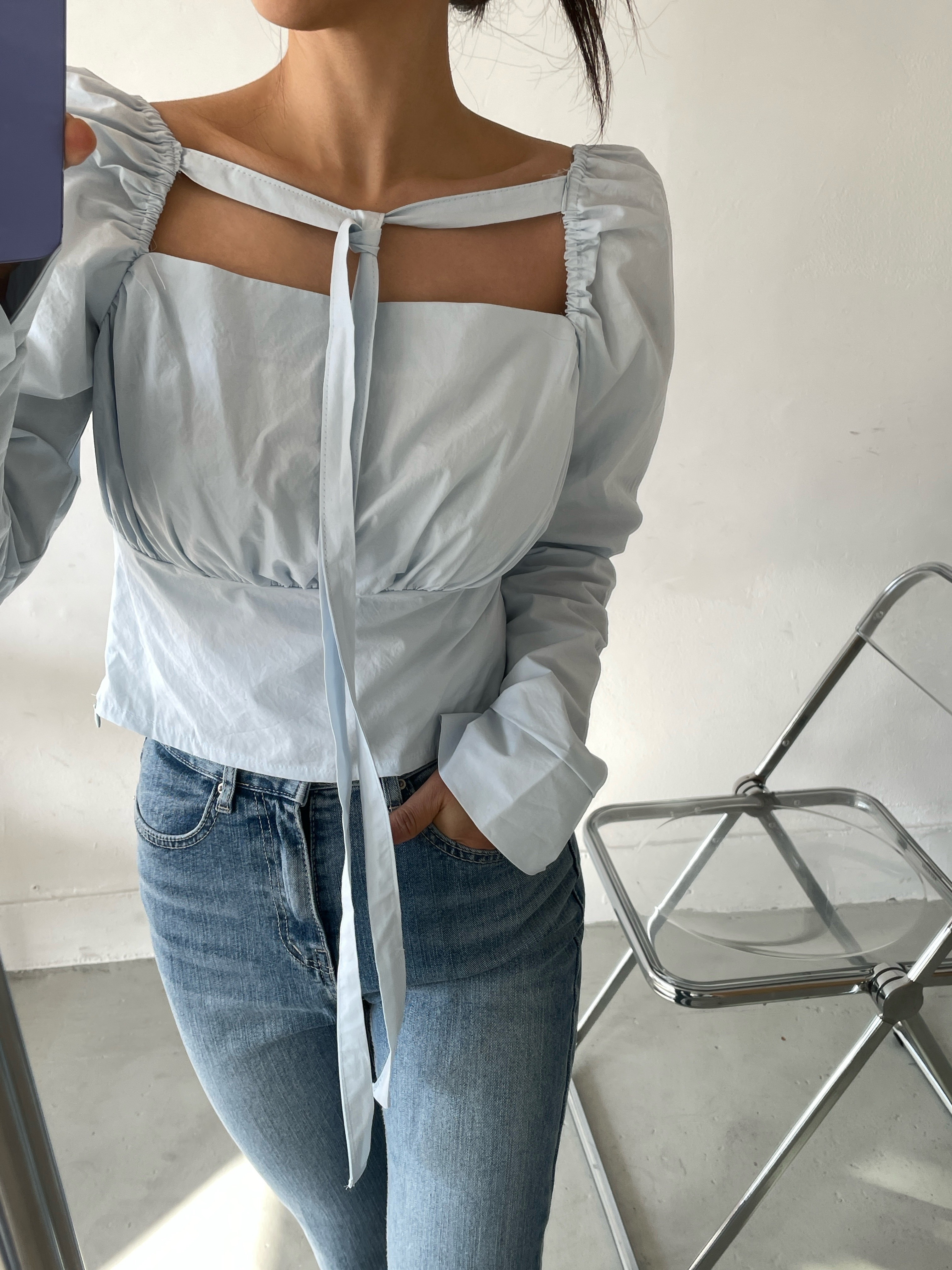 コットンストラップスクエアネックシャーリングスリットパフスリーブクロップド長袖無地ブラウス | 詳細画像9