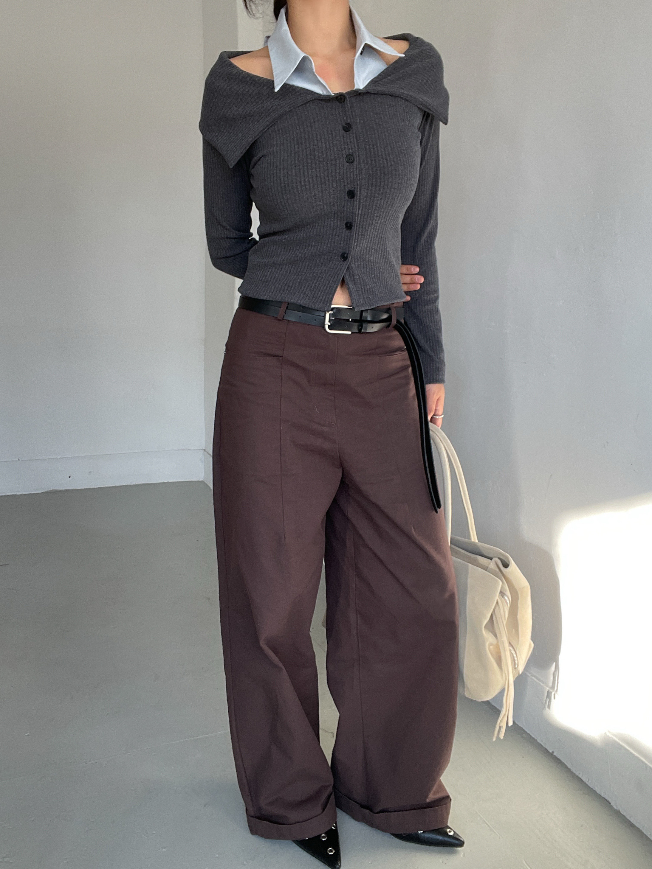 リブボタンオフショルダーセーラーカラークロップドレイヤード風長袖配色ブラウス | 詳細画像6