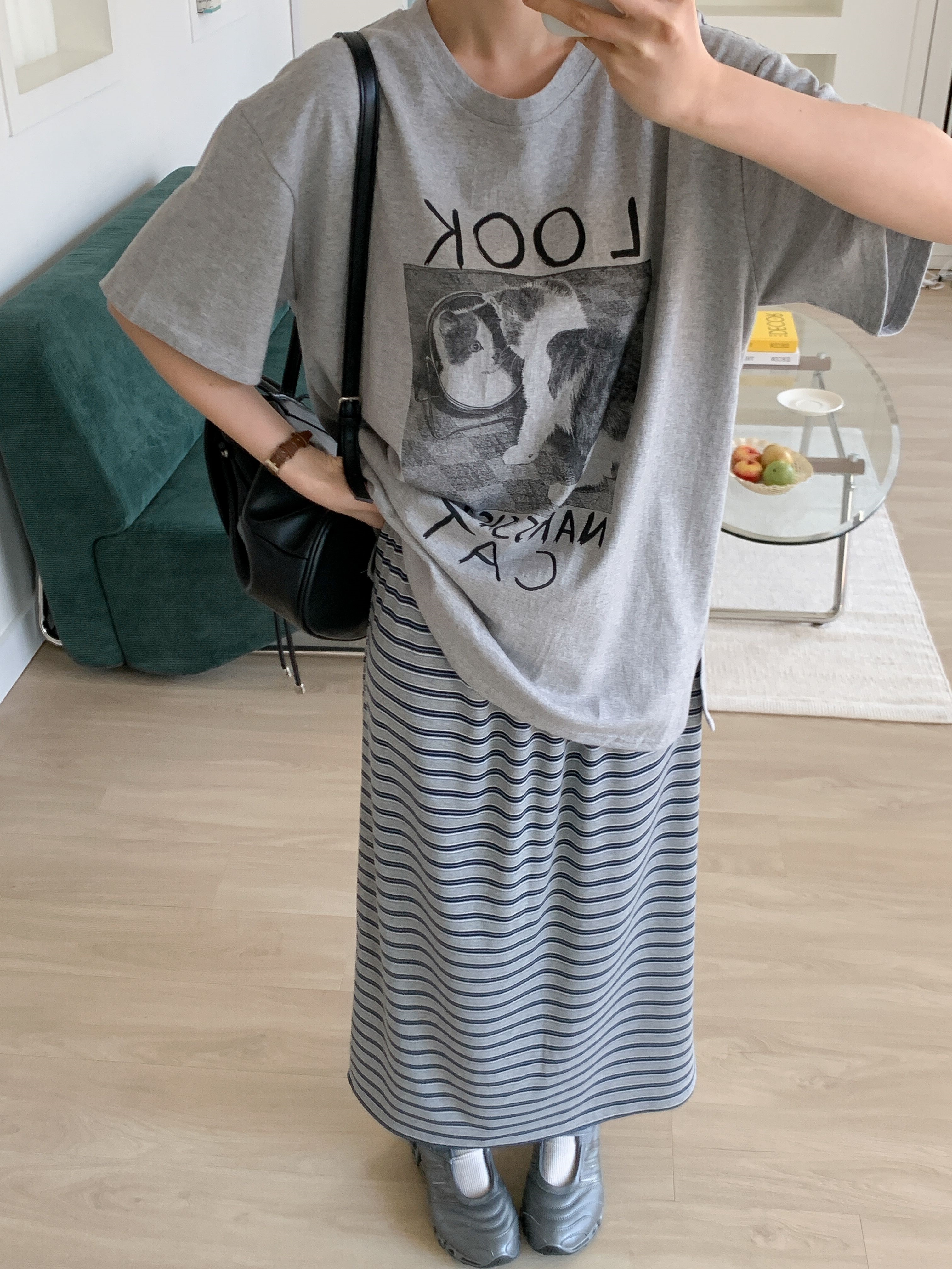 コットンラウンドネックスリットオーバーサイズボクシールーズ半袖ドロップショルダープリントTシャツ | 詳細画像2