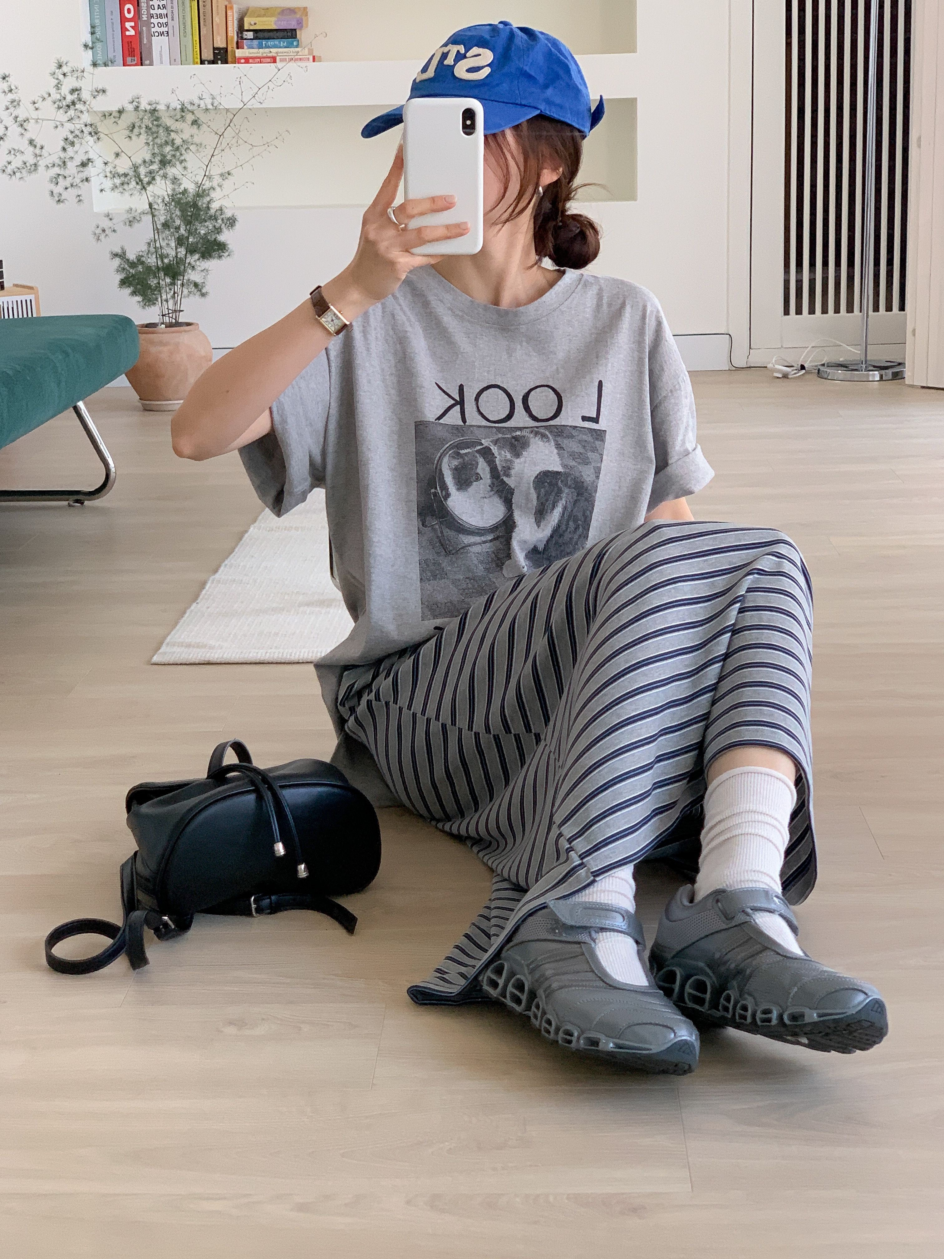 コットンラウンドネックスリットオーバーサイズボクシールーズ半袖ドロップショルダープリントTシャツ | 詳細画像3