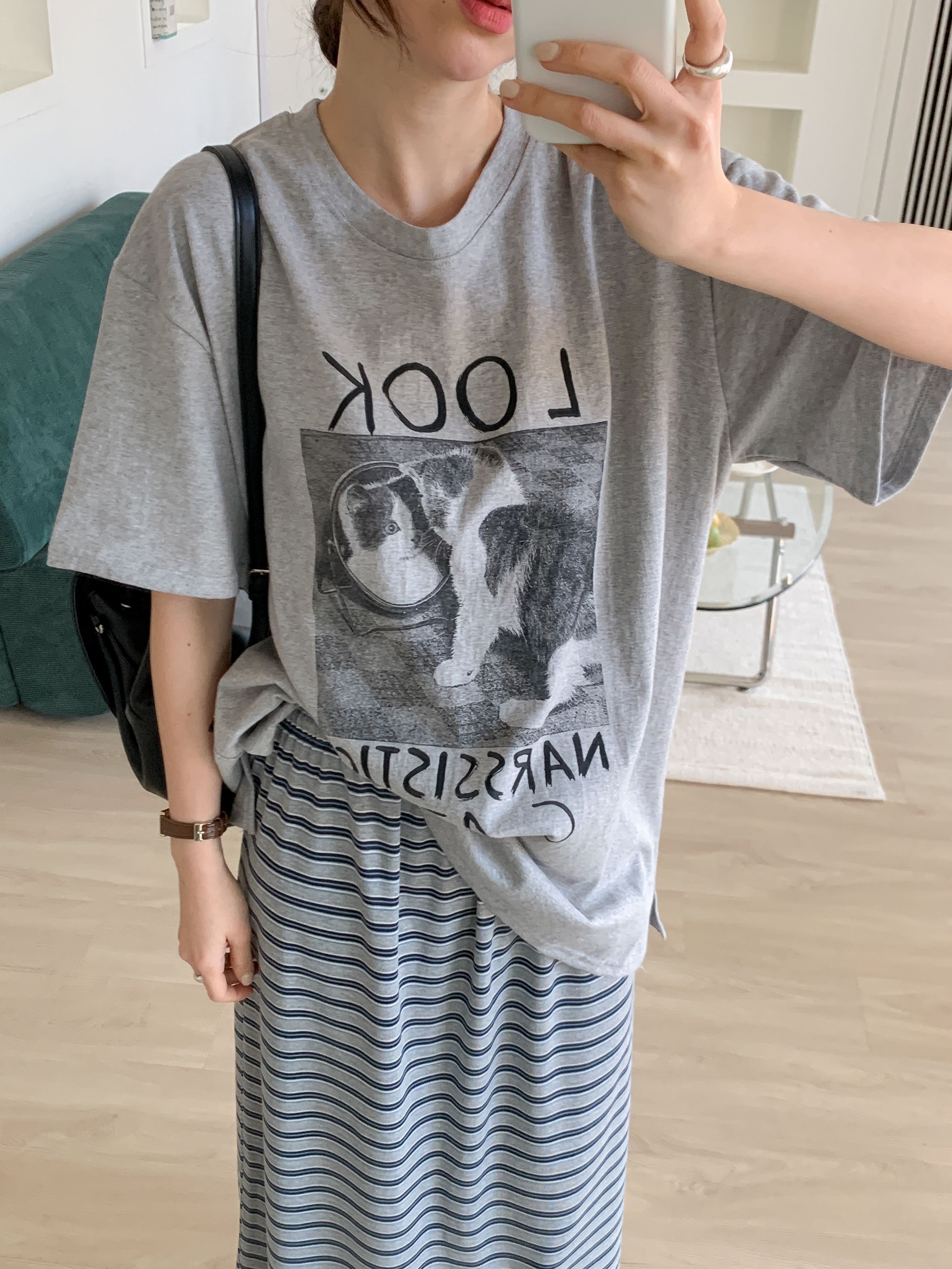 コットンラウンドネックスリットオーバーサイズボクシールーズ半袖ドロップショルダープリントTシャツ | 詳細画像6