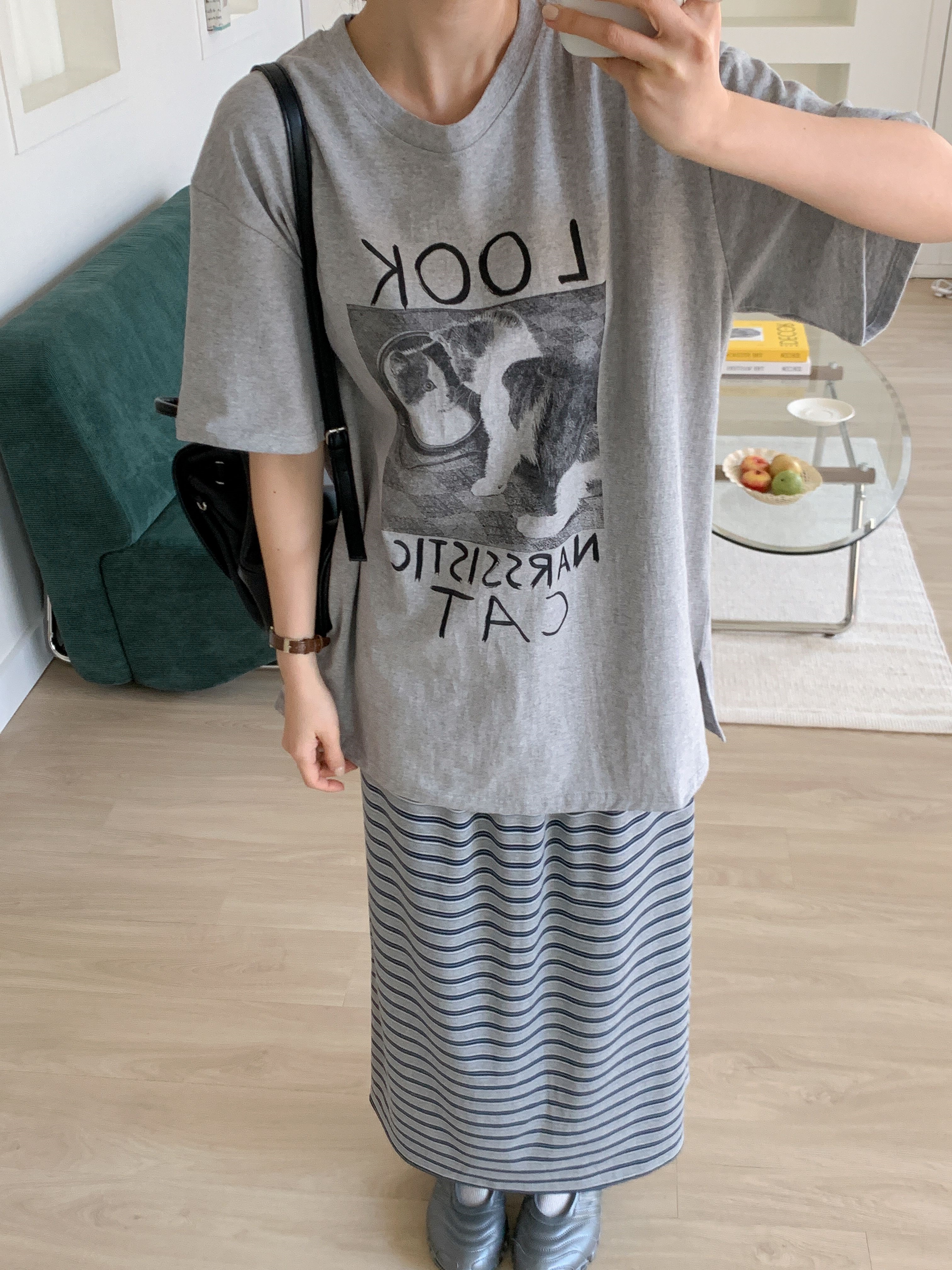 コットンラウンドネックスリットオーバーサイズボクシールーズ半袖ドロップショルダープリントTシャツ | 詳細画像7