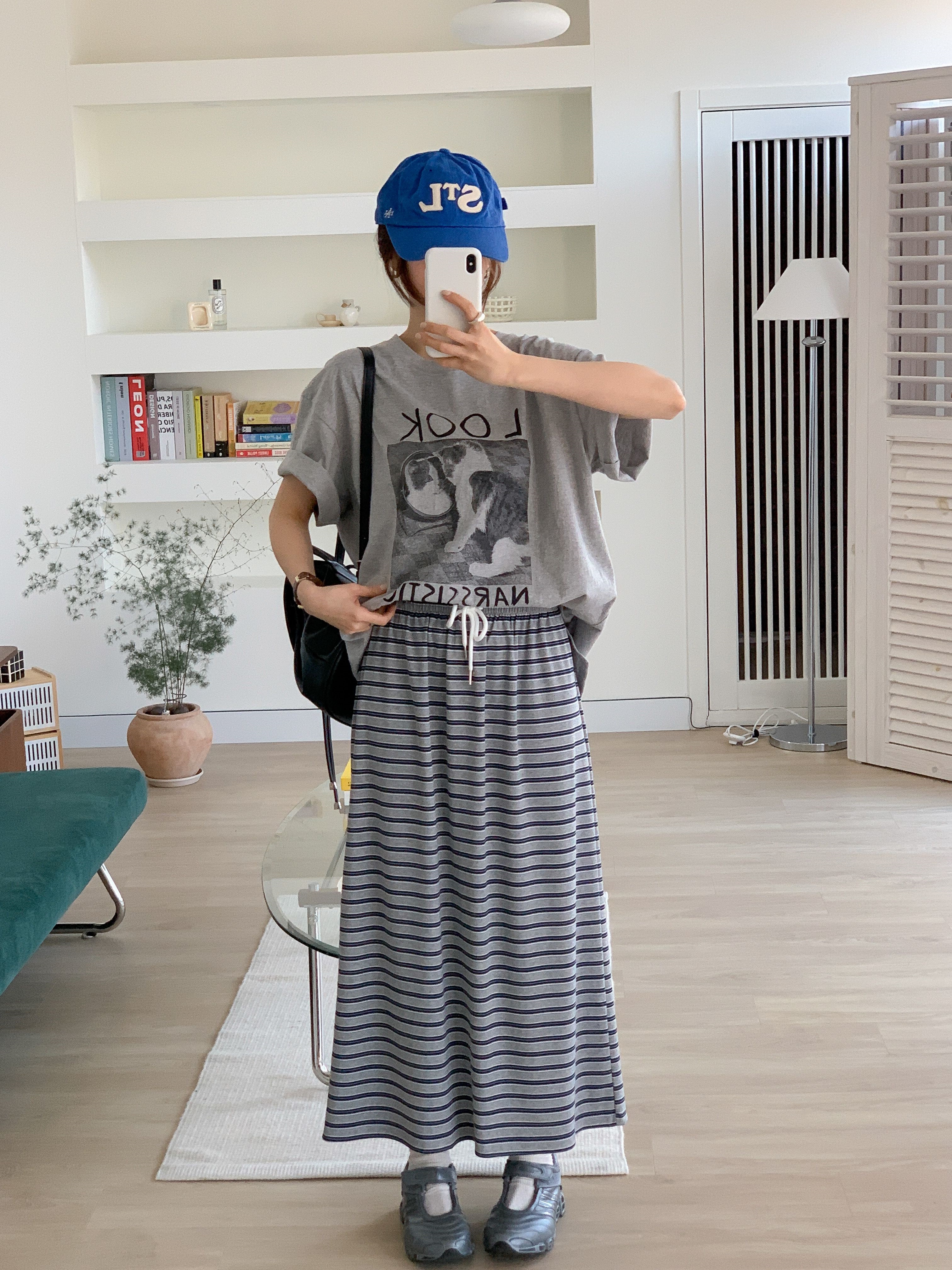 コットンラウンドネックスリットオーバーサイズボクシールーズ半袖ドロップショルダープリントTシャツ | 詳細画像8