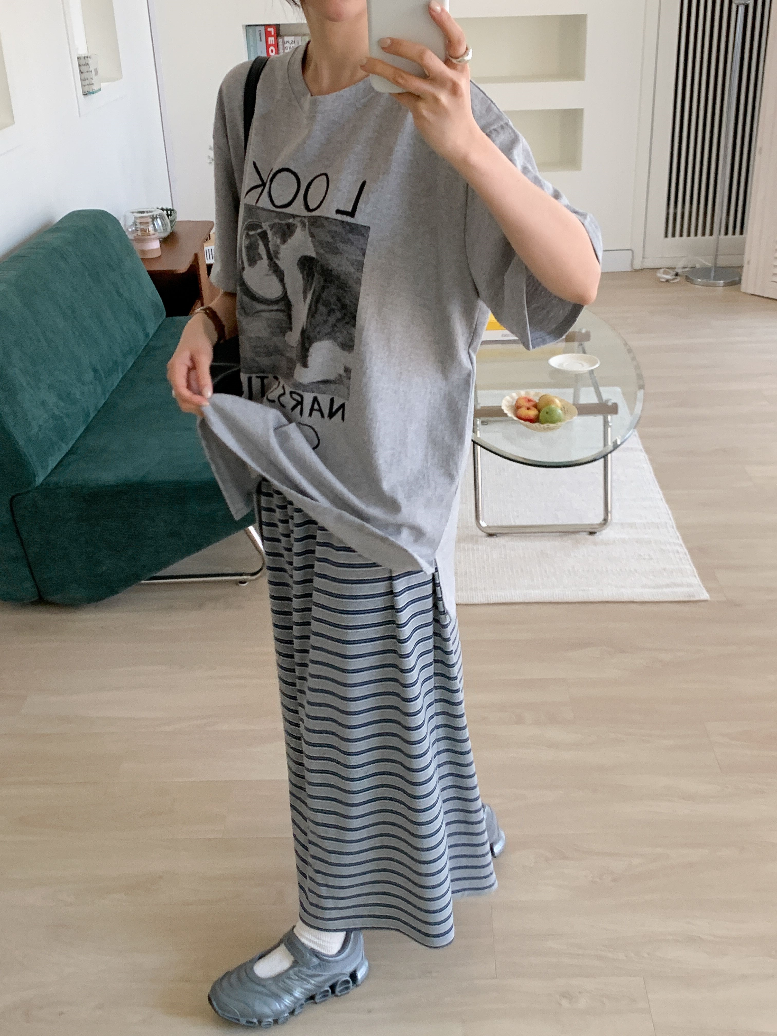 コットンラウンドネックスリットオーバーサイズボクシールーズ半袖ドロップショルダープリントTシャツ | 詳細画像9